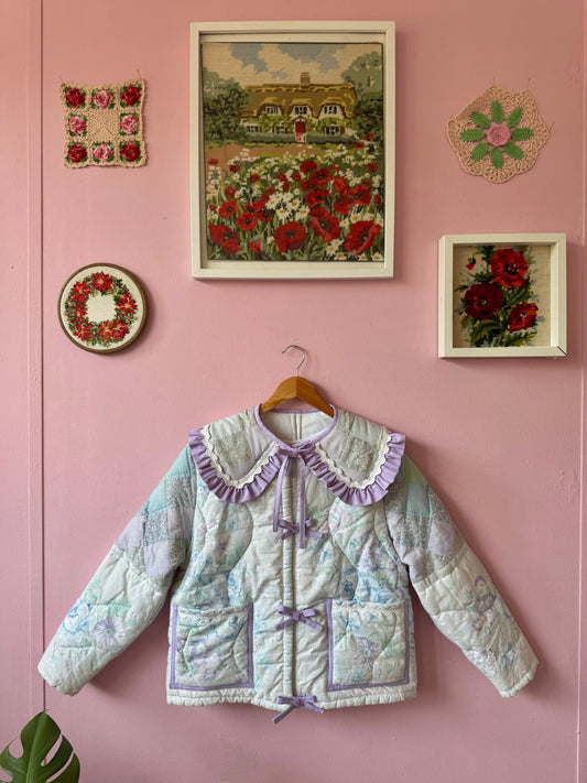 Light pastel patchwork jacket with lilac trims