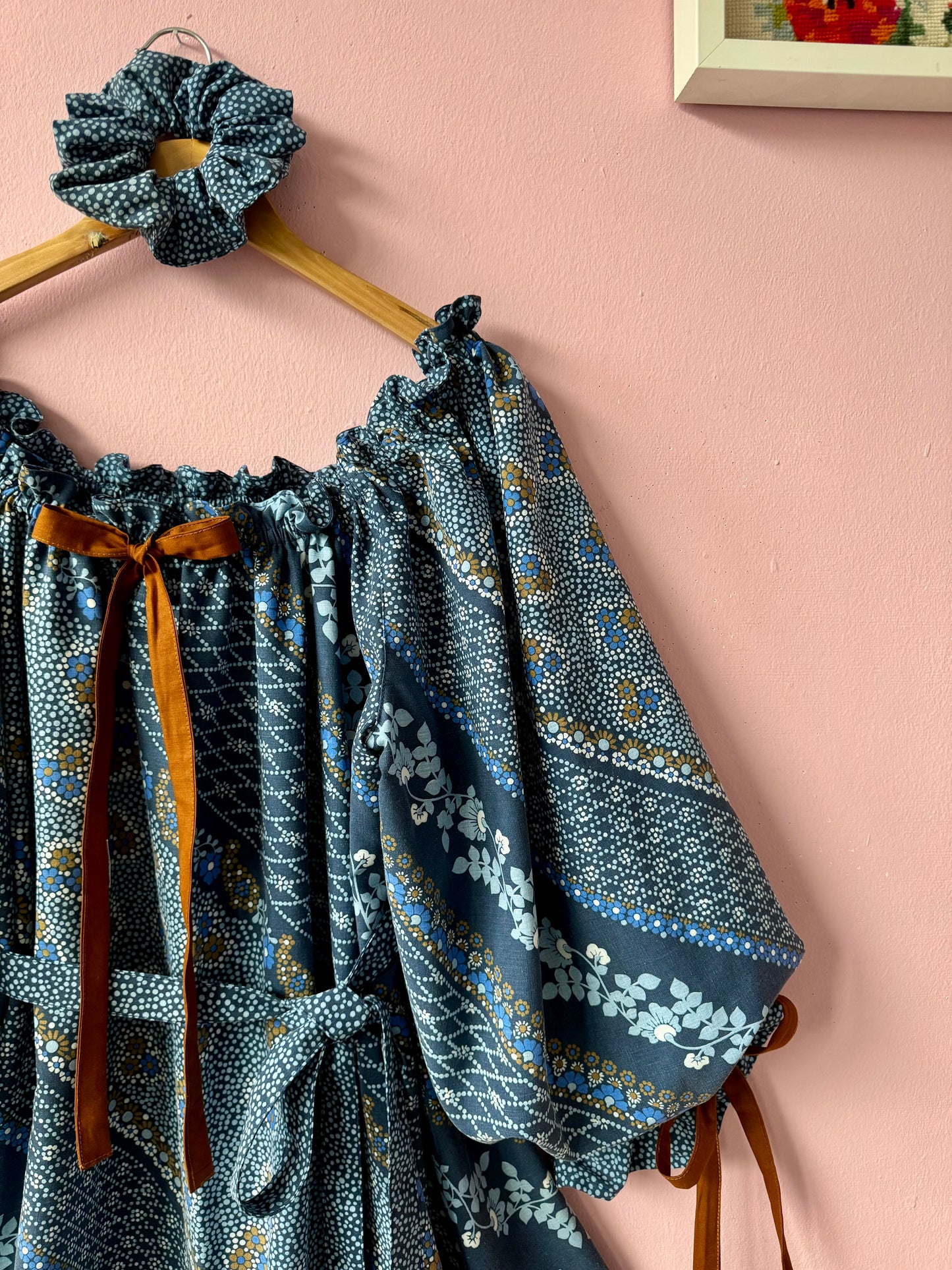 Blue and brown dress with long sleeves