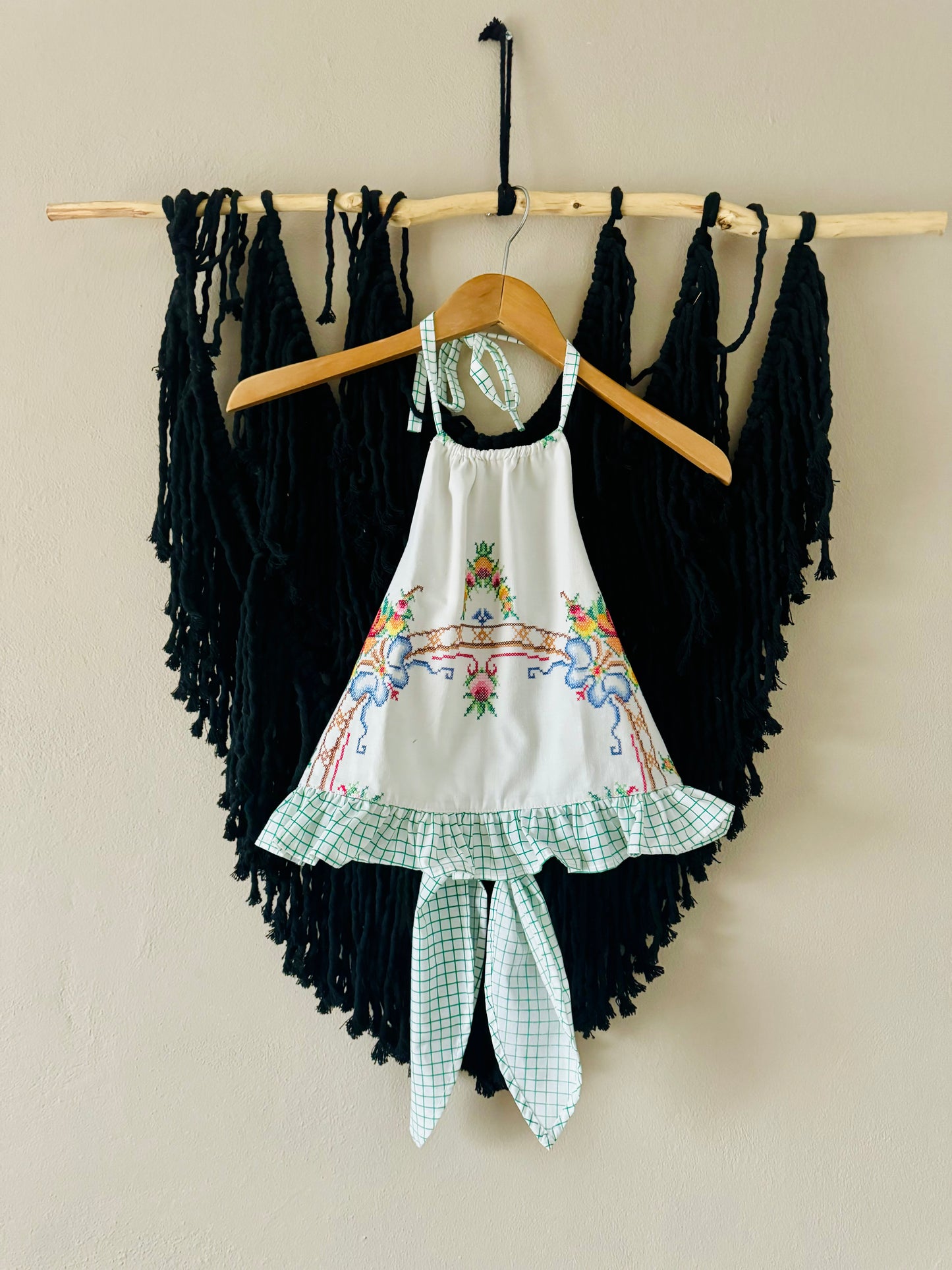 Cross stitch halter neck with green check back ties and frill