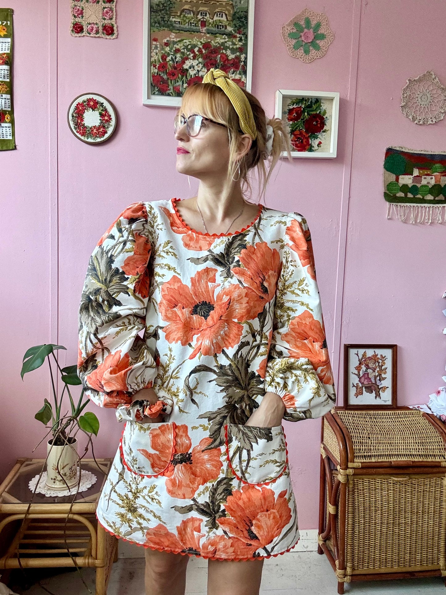 Orange poppies mini dress with long sleeves