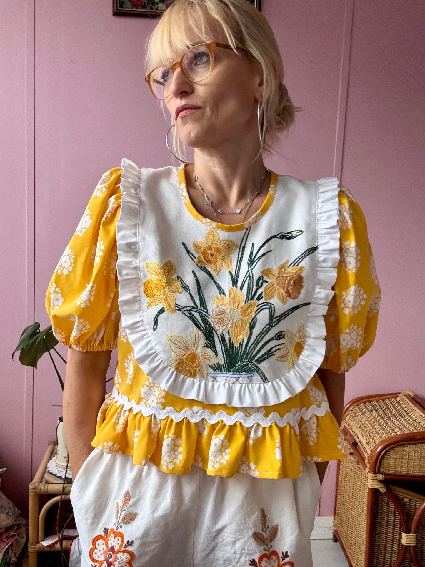 Yellow floral blouse with frills