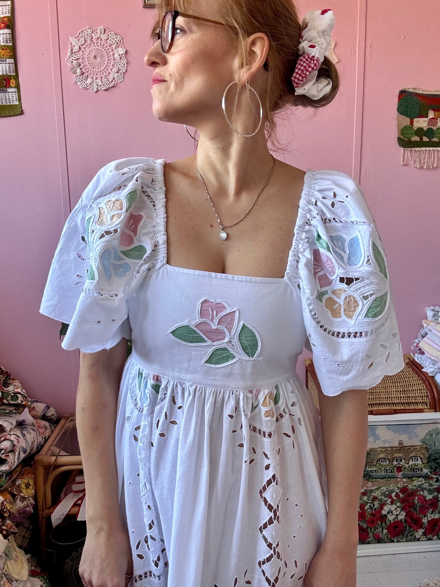 White maxi with pastel embroidery and cut out embroidery