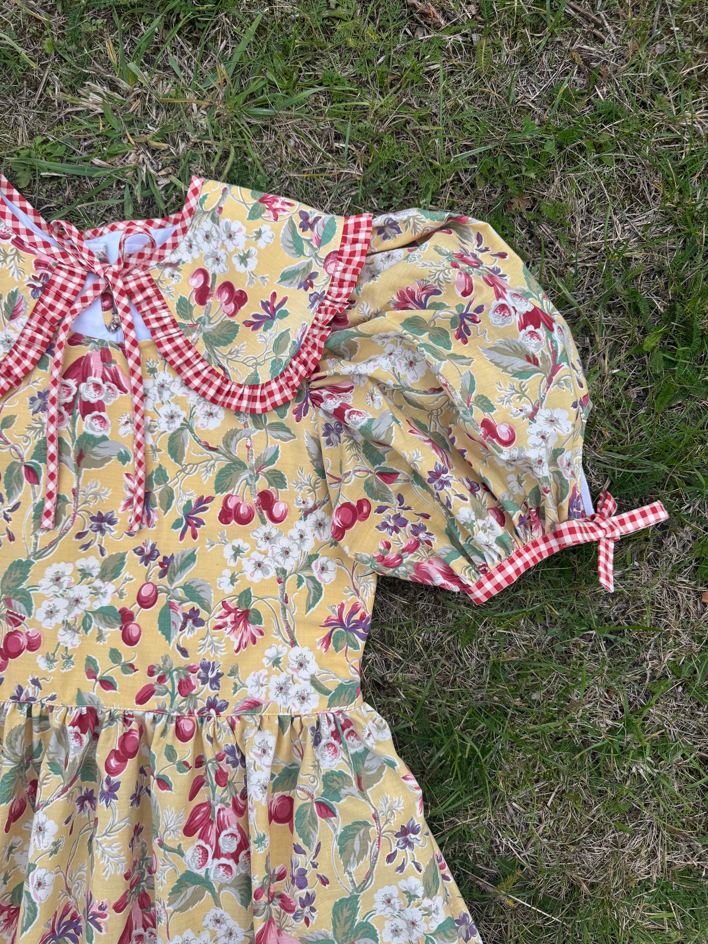 Yellow fruity and gingham dress