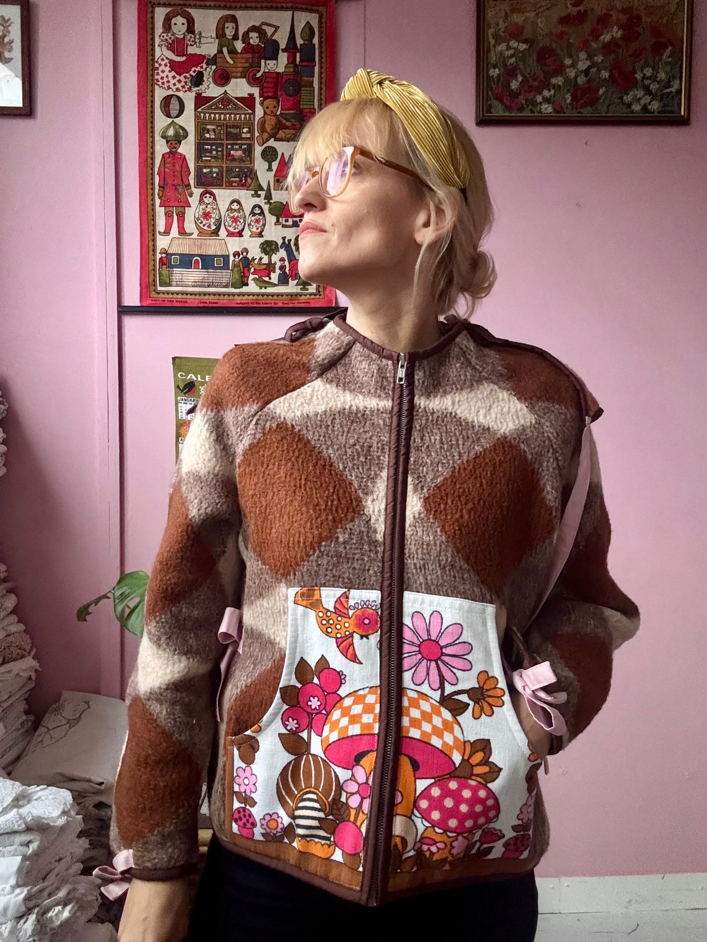 Brown wool blanket jacket with detachable hood