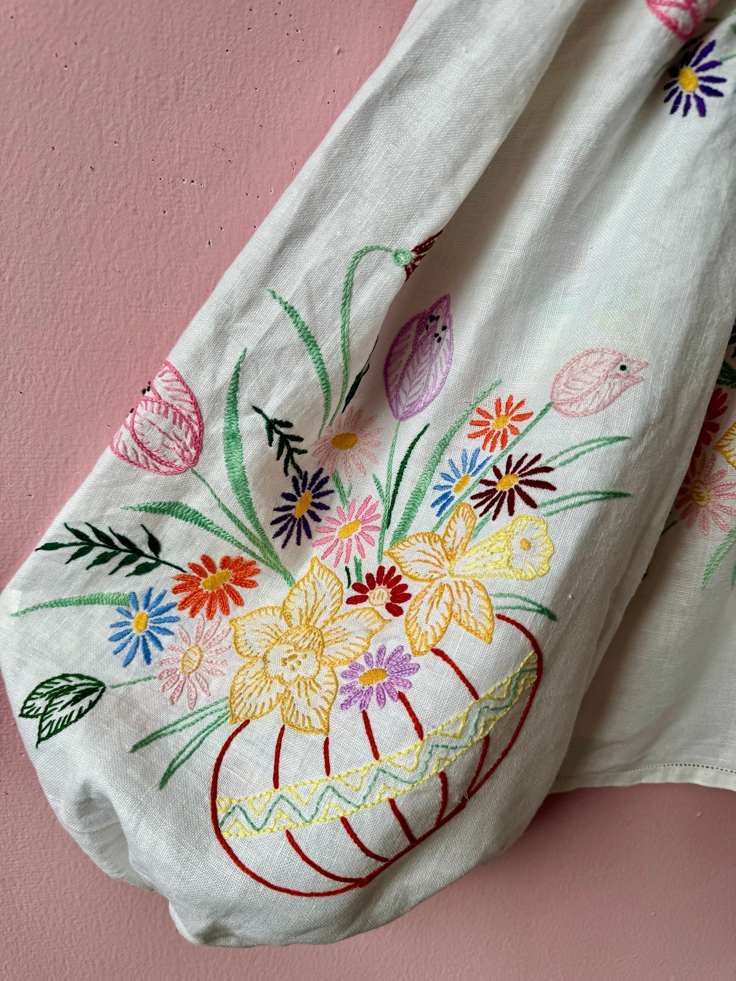 White linen blouse with baskets embroidery and lilac binding