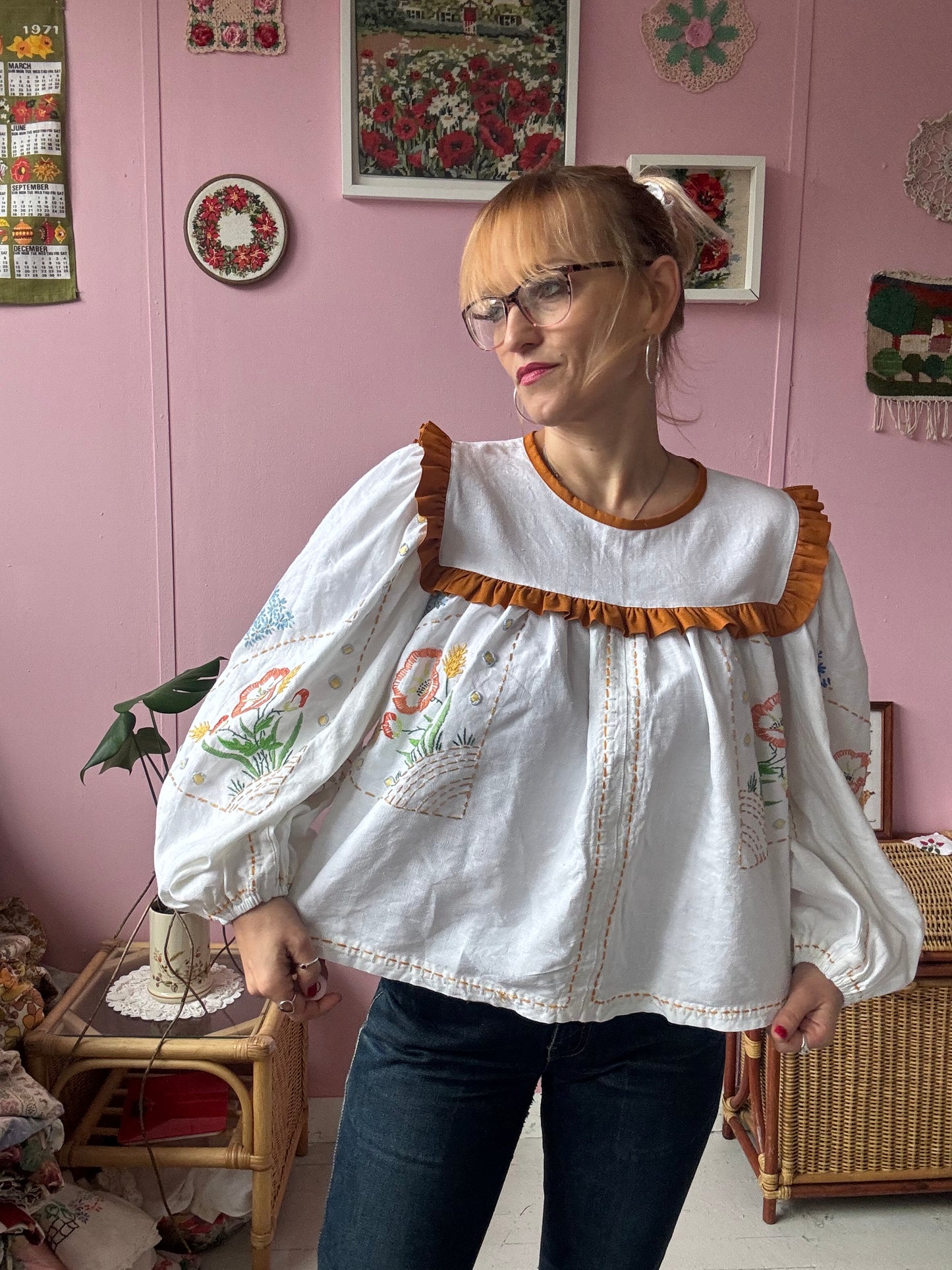 White linen blouse with hand embroidery
