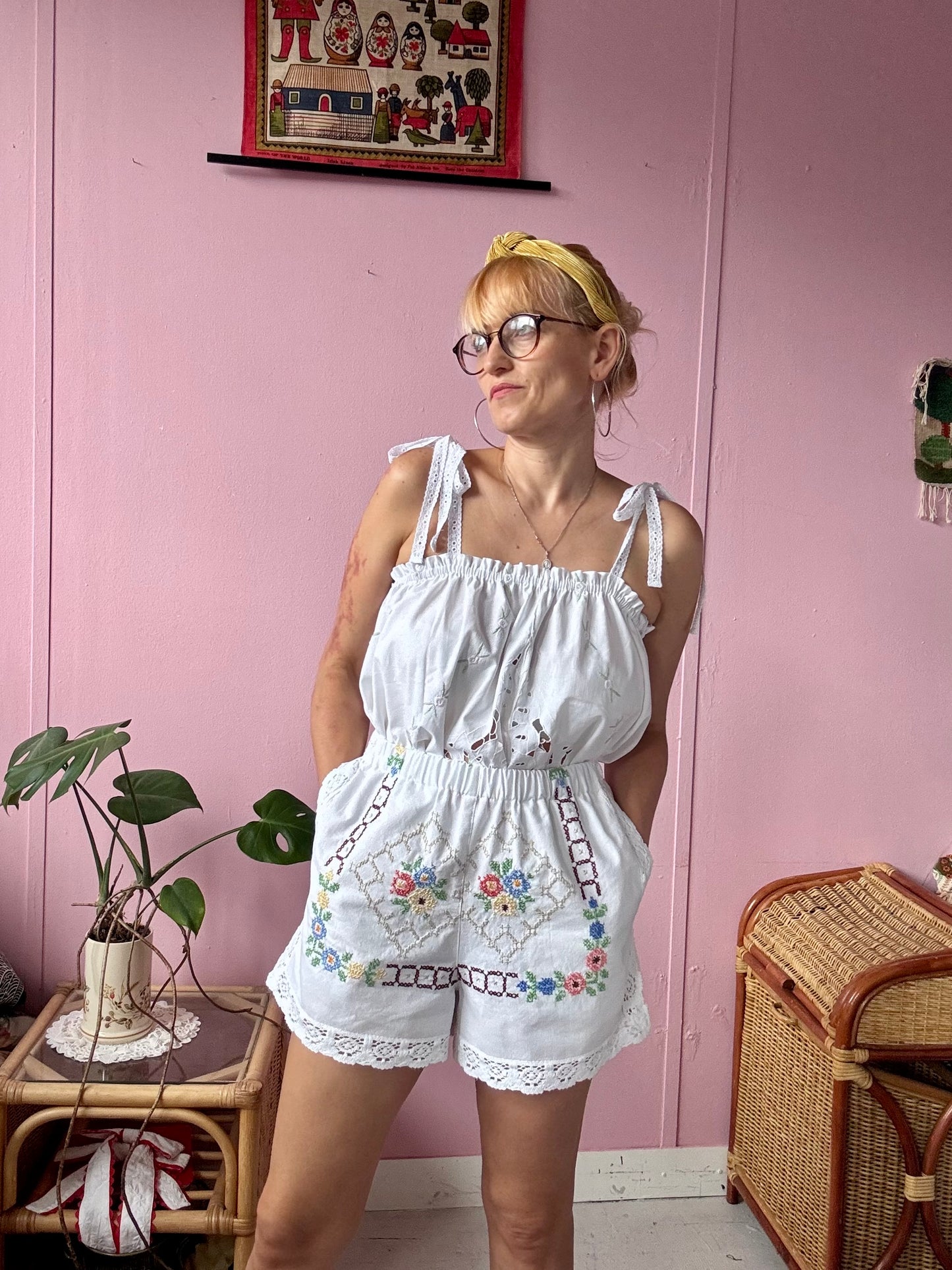 Cross stitching and lace shorts