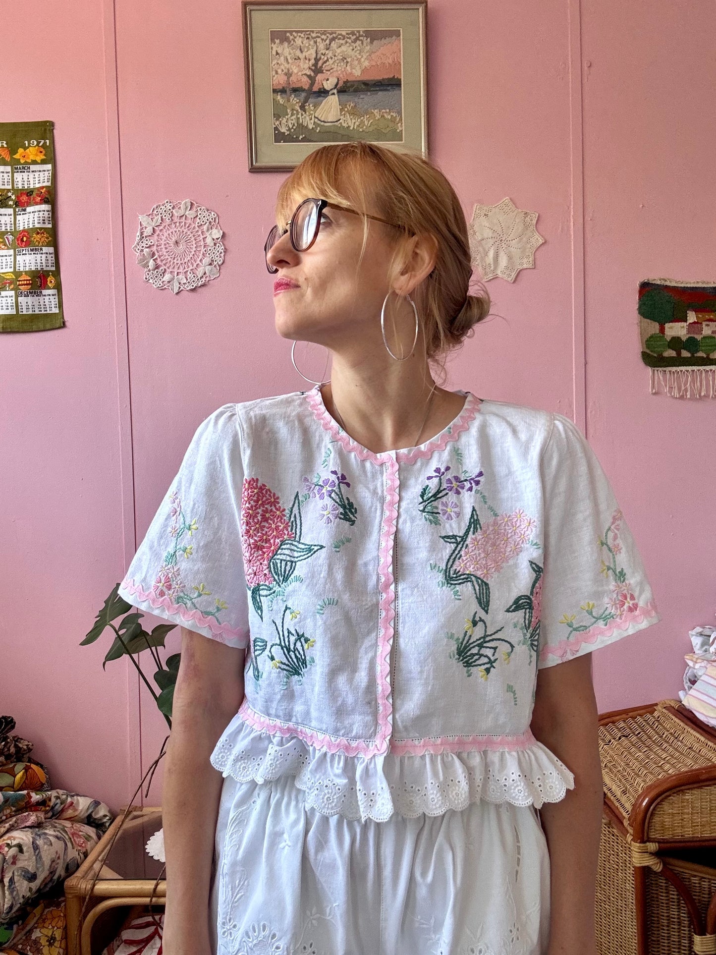Floral blouse with pink ric rac