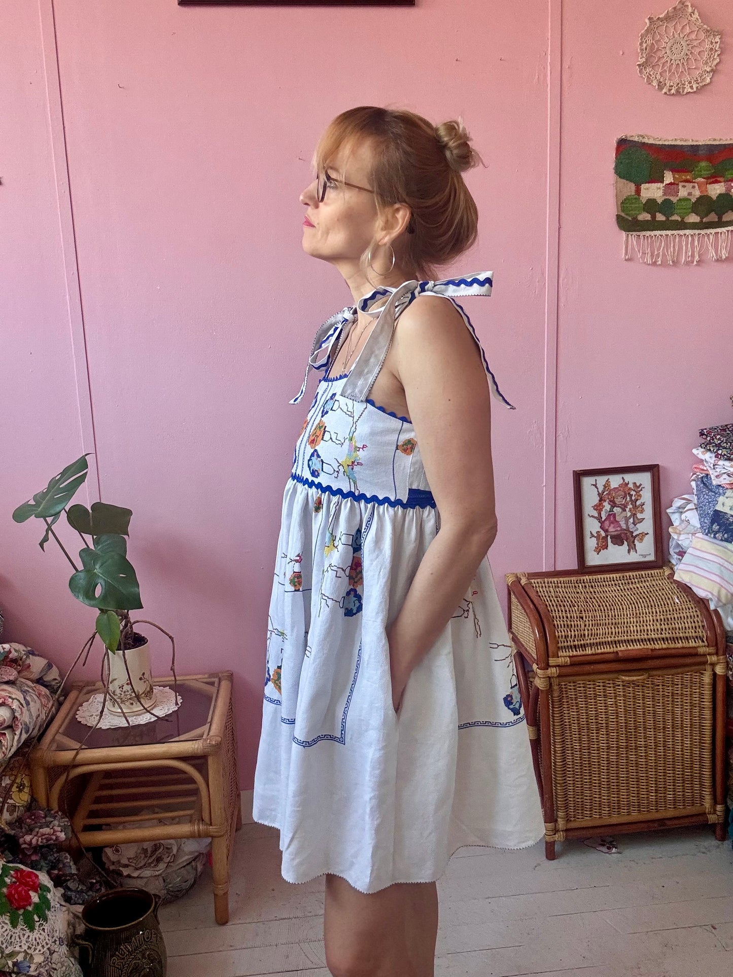 Linen mini dress with cross stitching