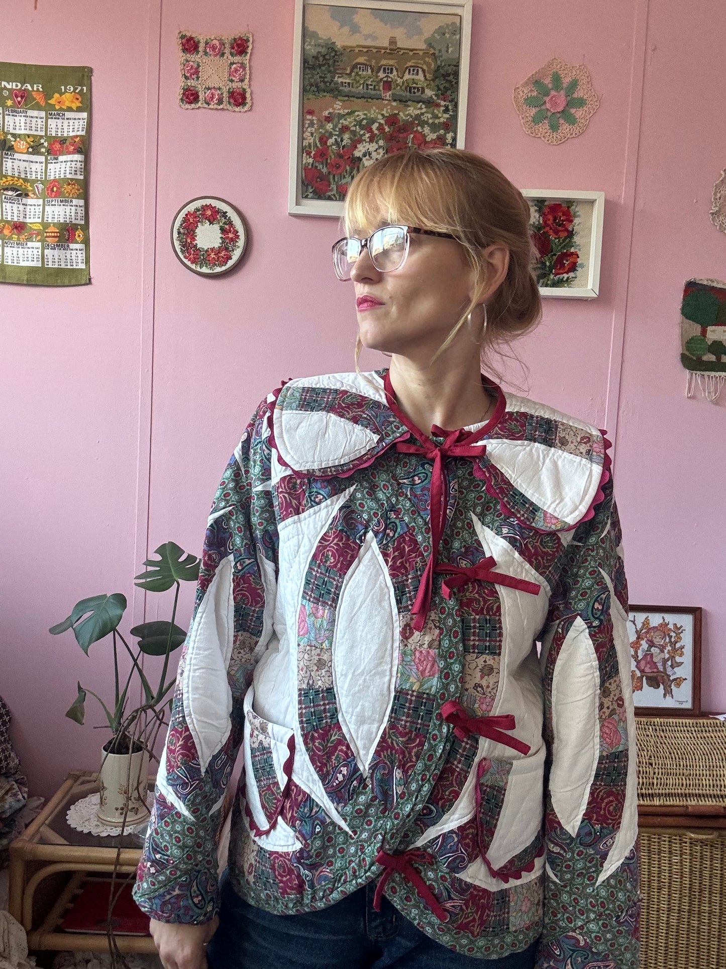 Patchwork jacket with burgundy ric rac and bows