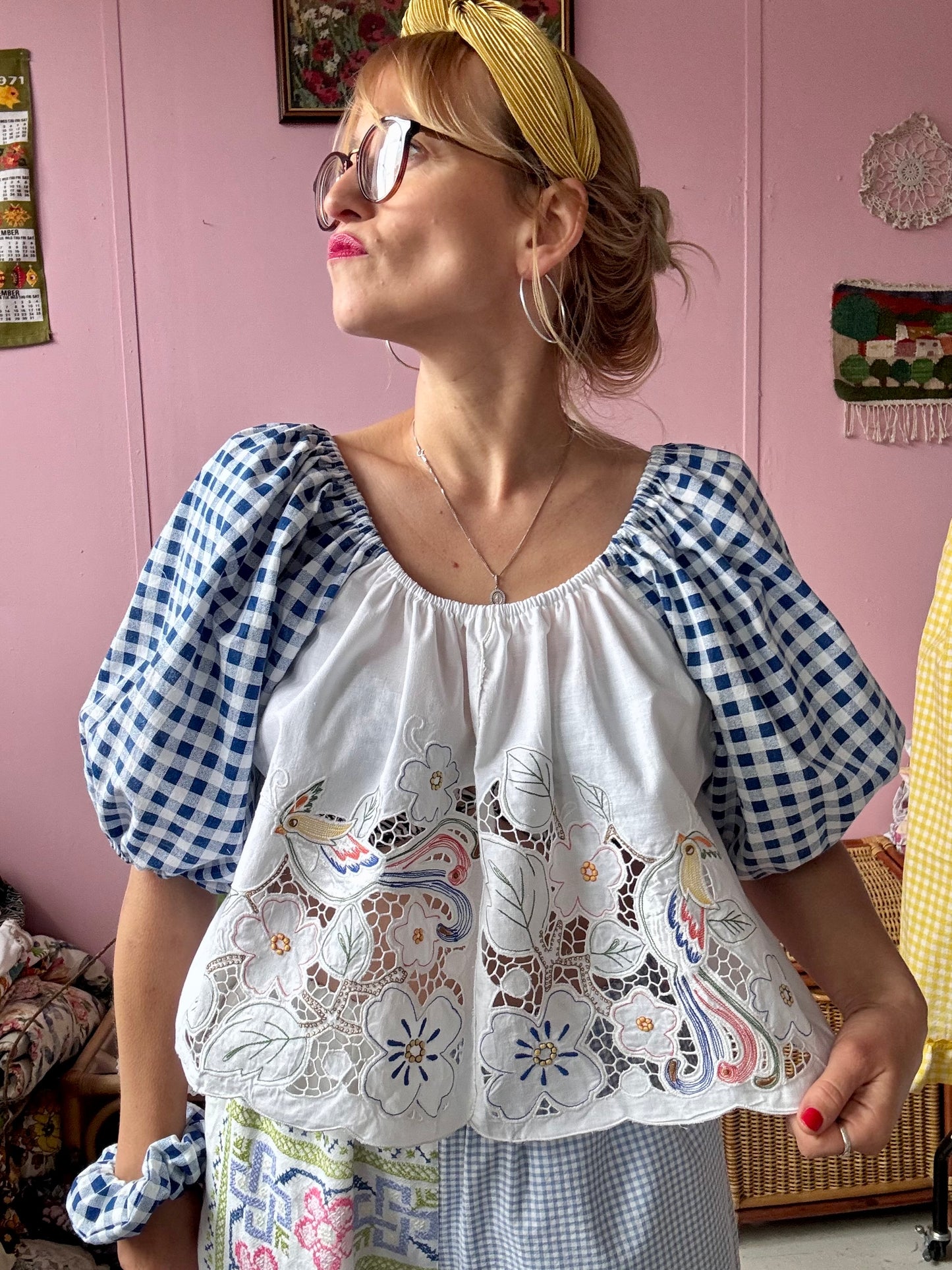 Blue gingham and birds/flowers top