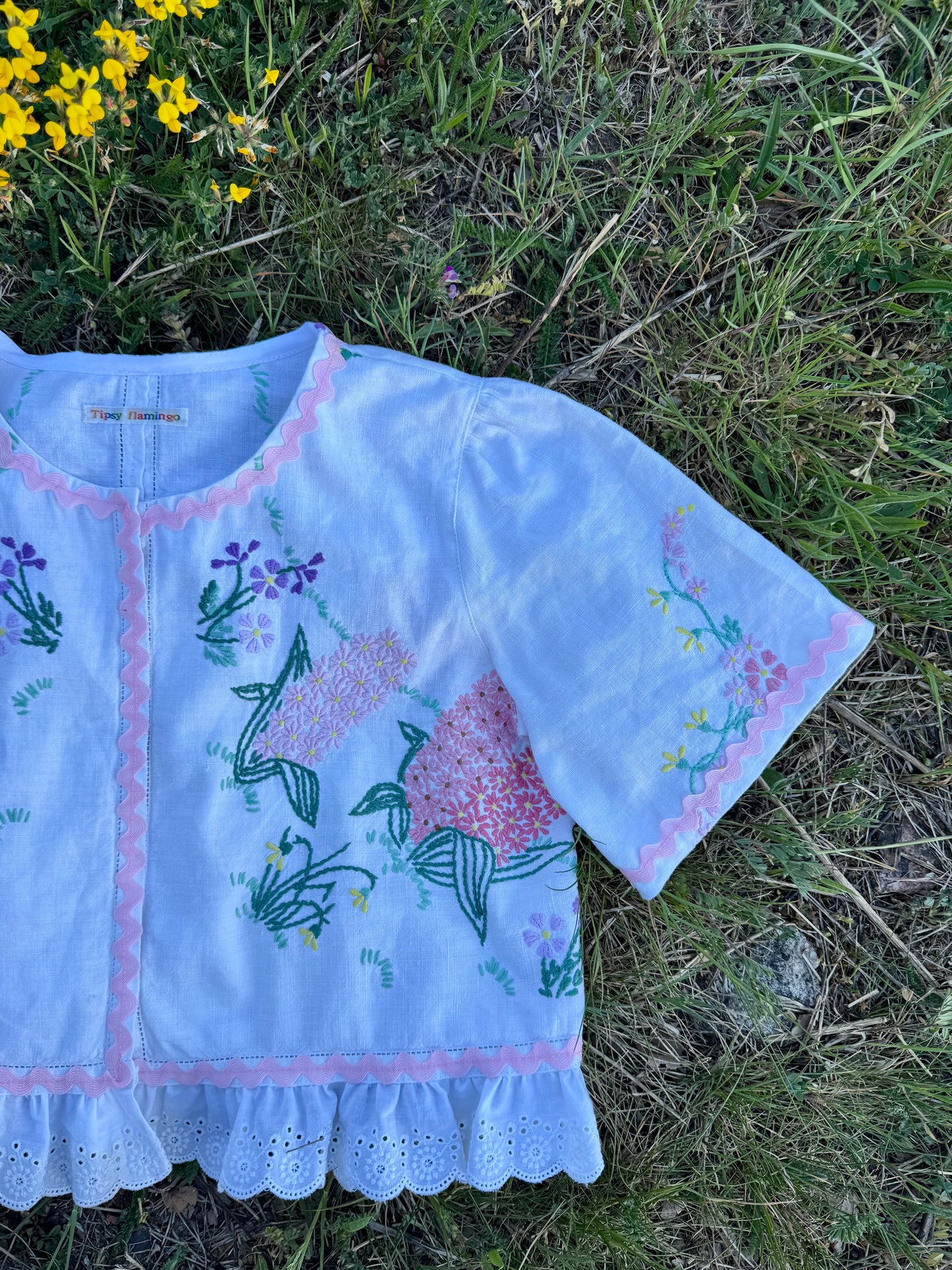 Floral blouse with pink ric rac