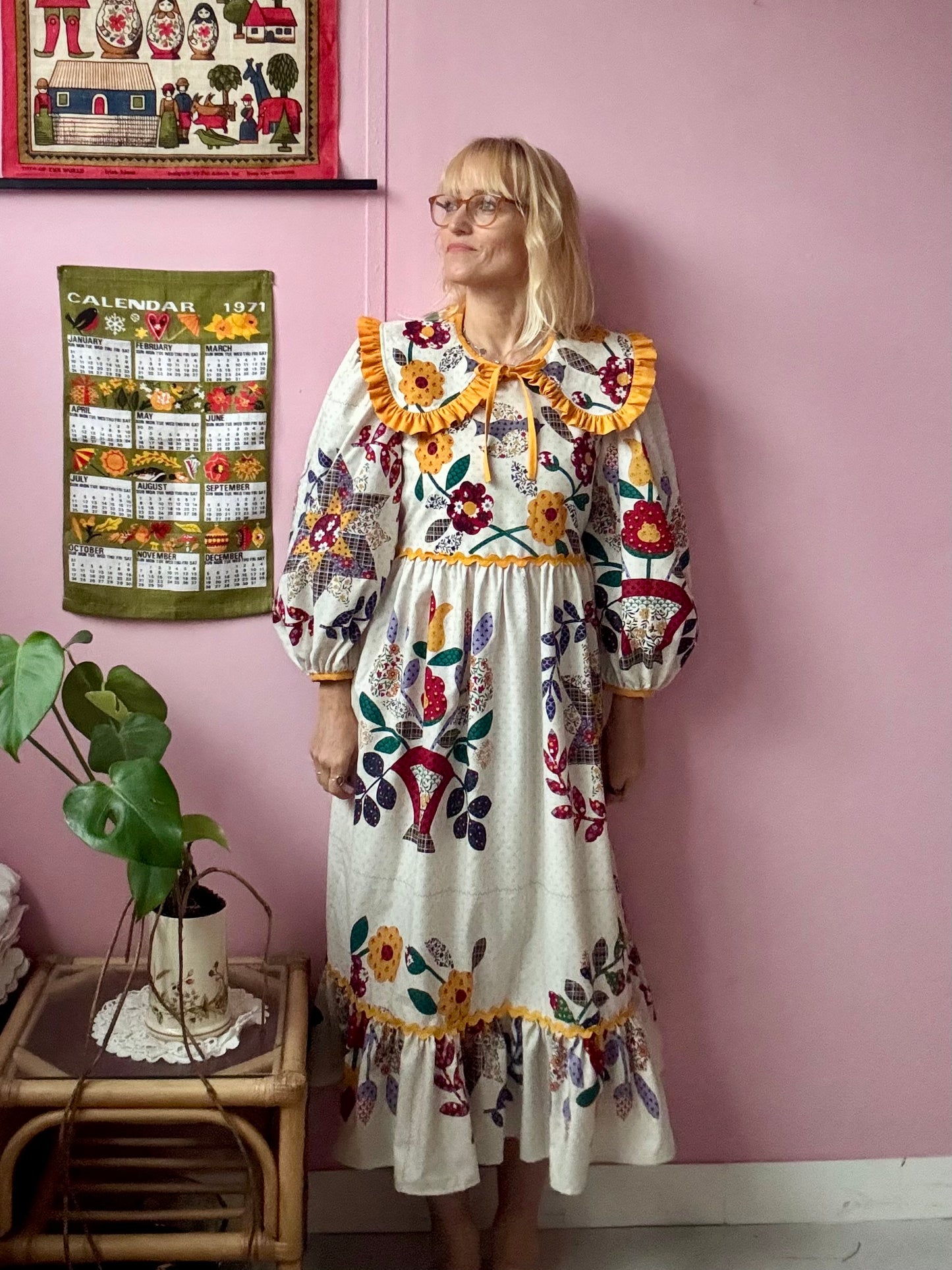 Floral dress with yellow ric rac and detachable collar