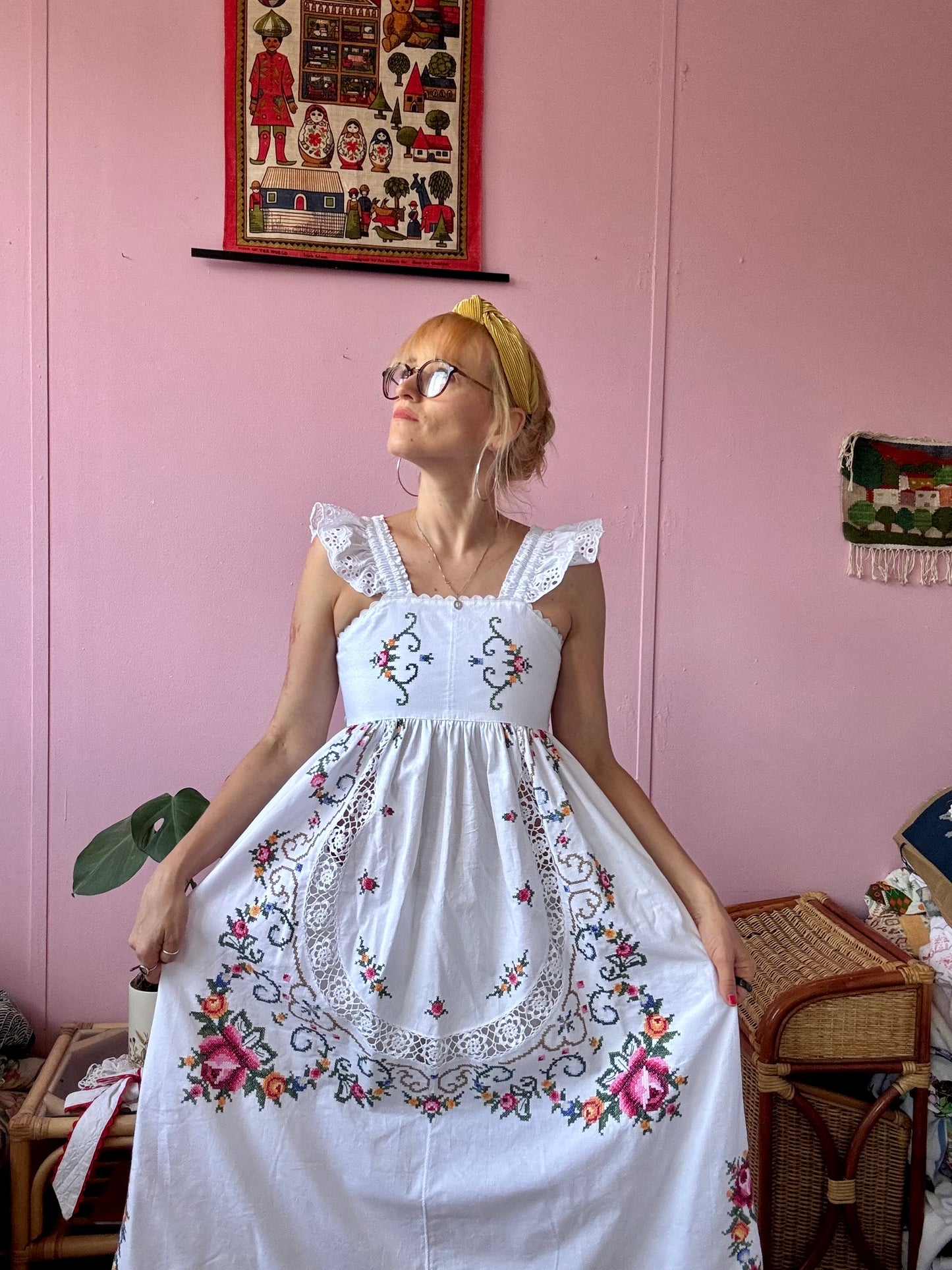 Maxi dress with hand embroidery and elasticated lace straps