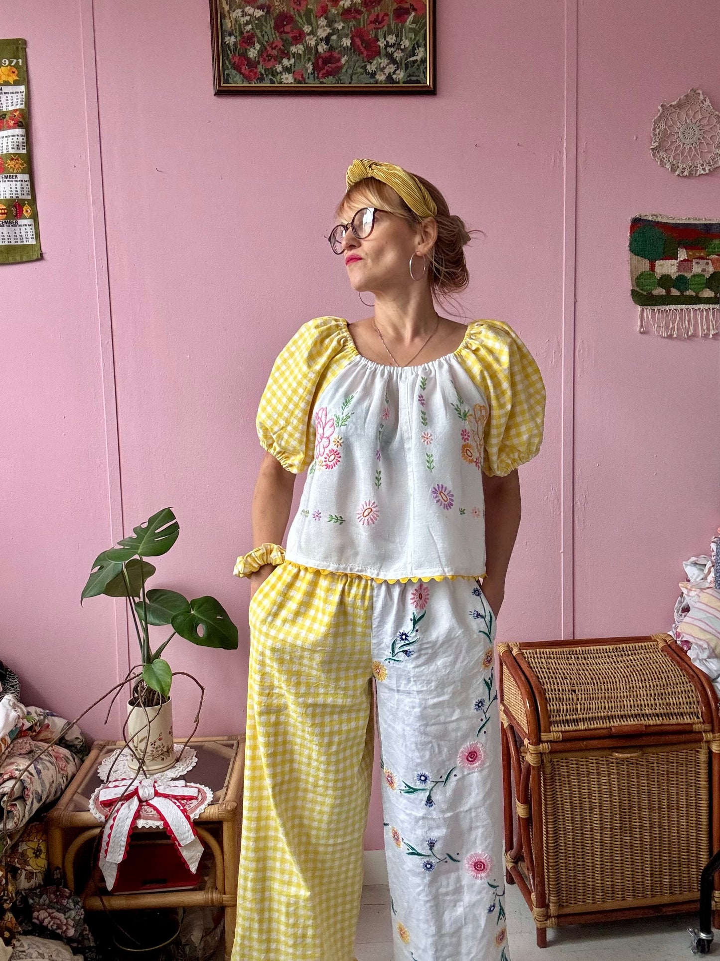Yellow gingham and floral top