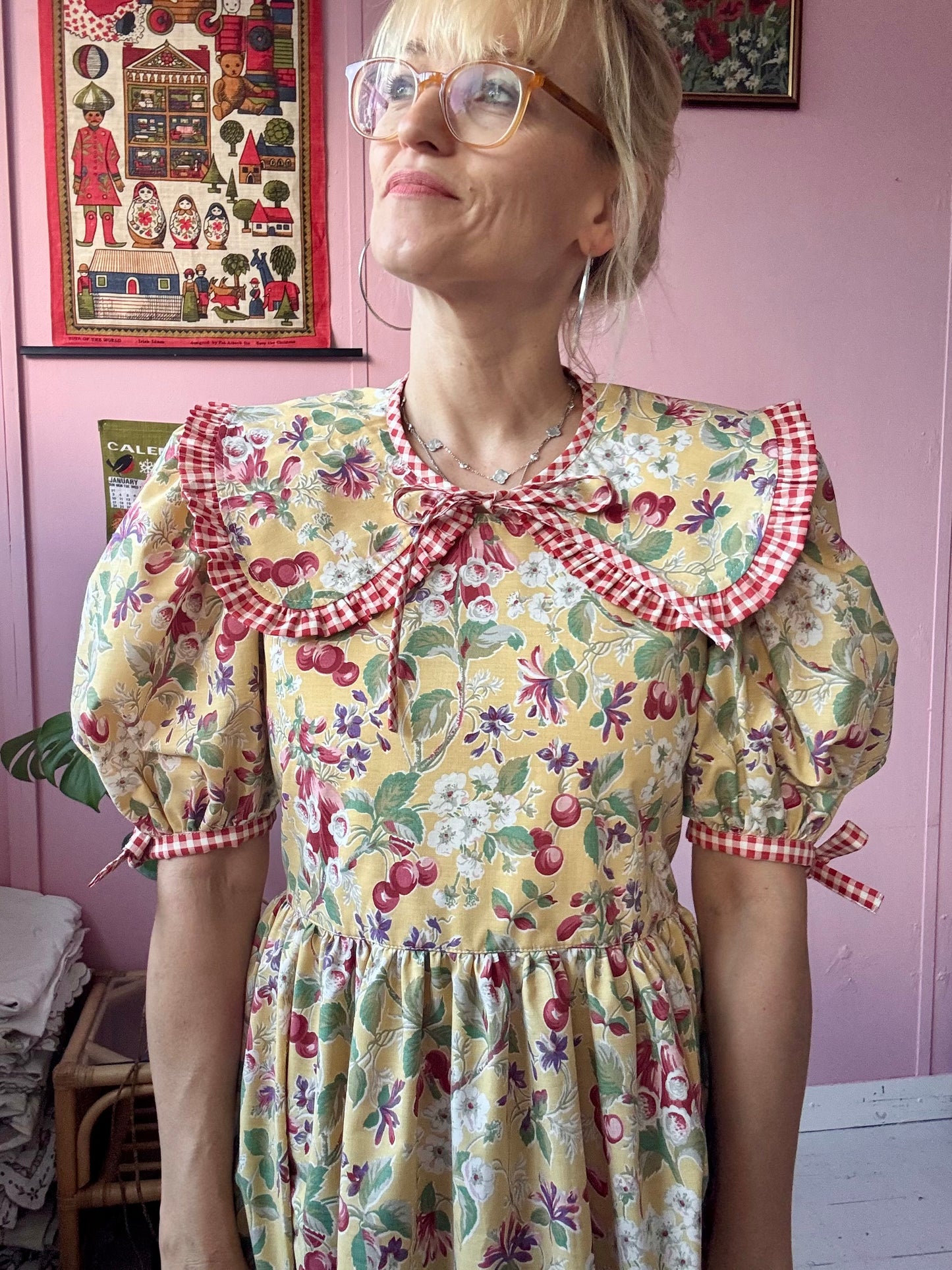 Yellow fruity and gingham dress