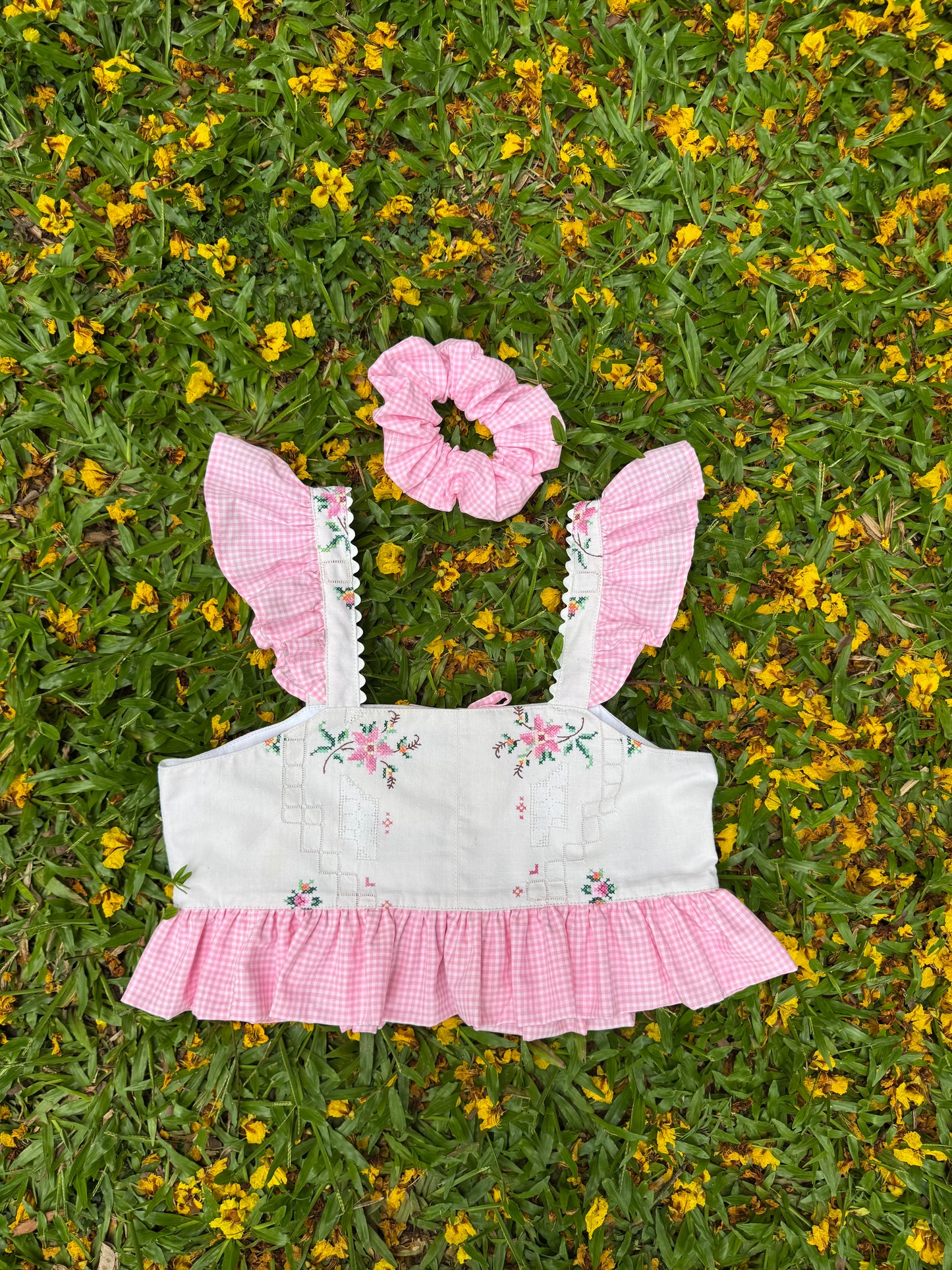 Embroidery and pink gingham set