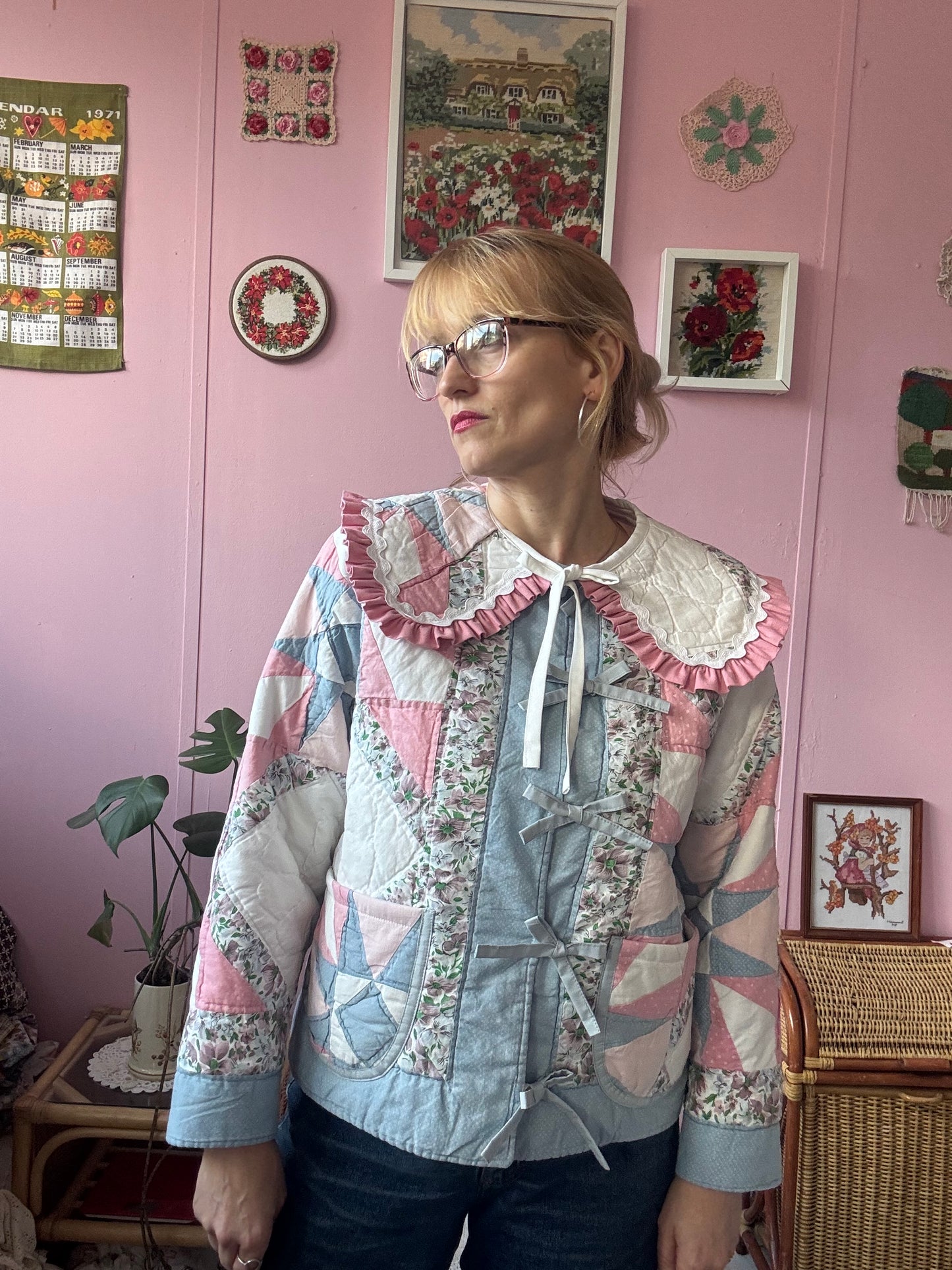 Pink/blue/white patchwork jacket