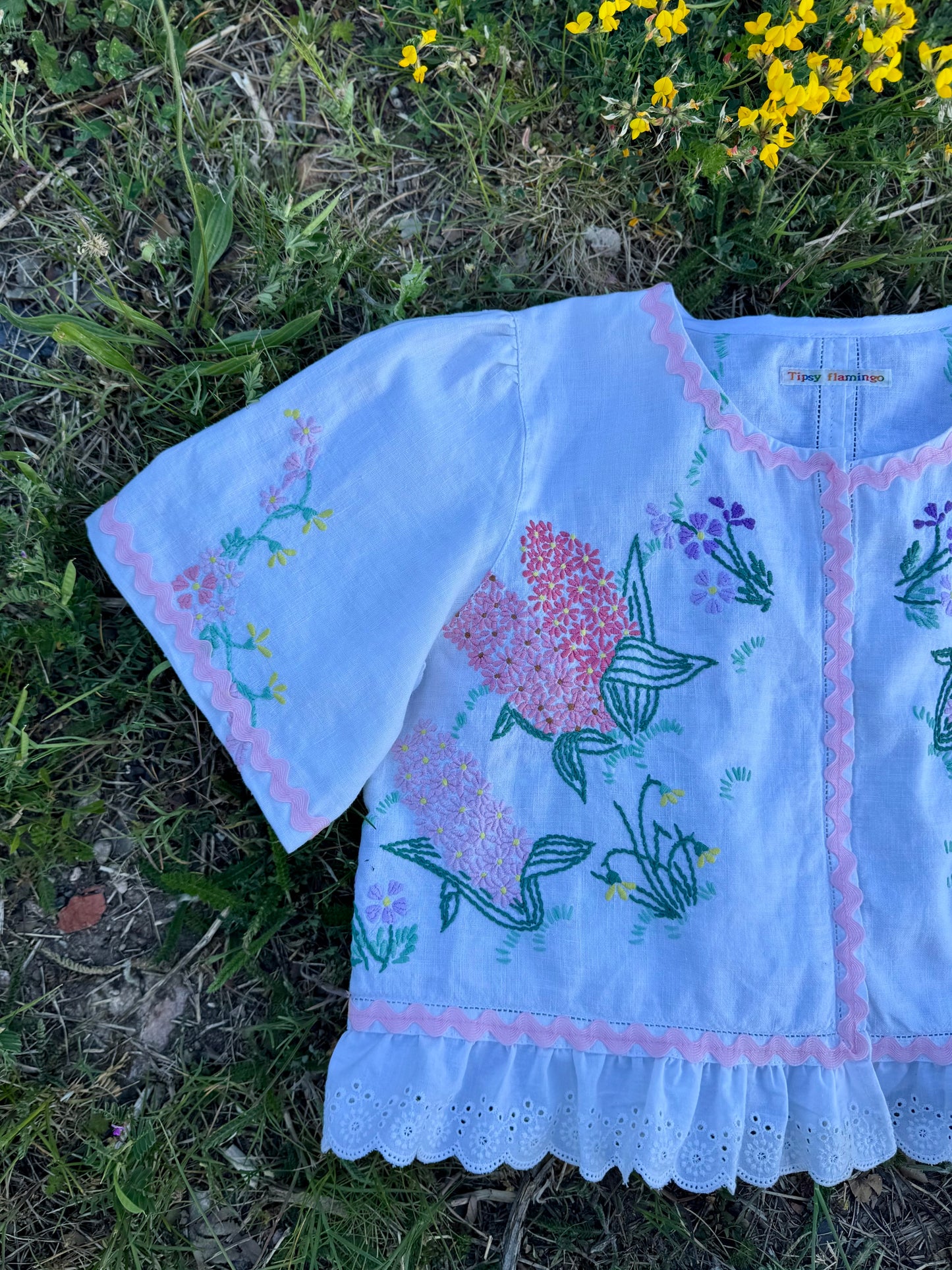 Floral blouse with pink ric rac