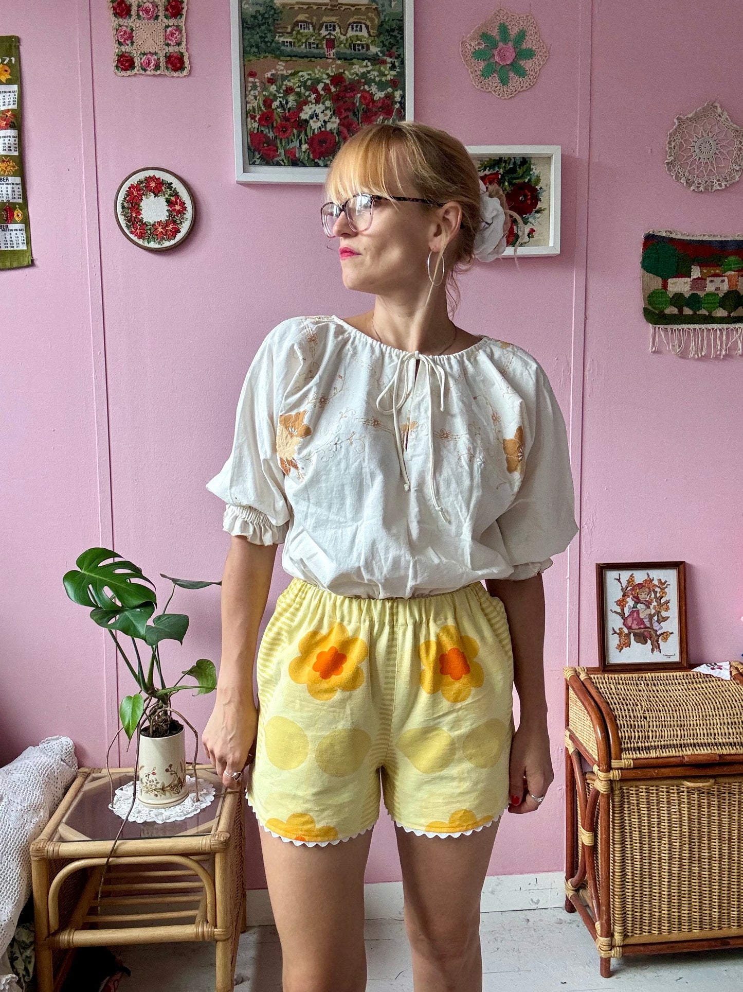 Yellow floral shorts with ric rac