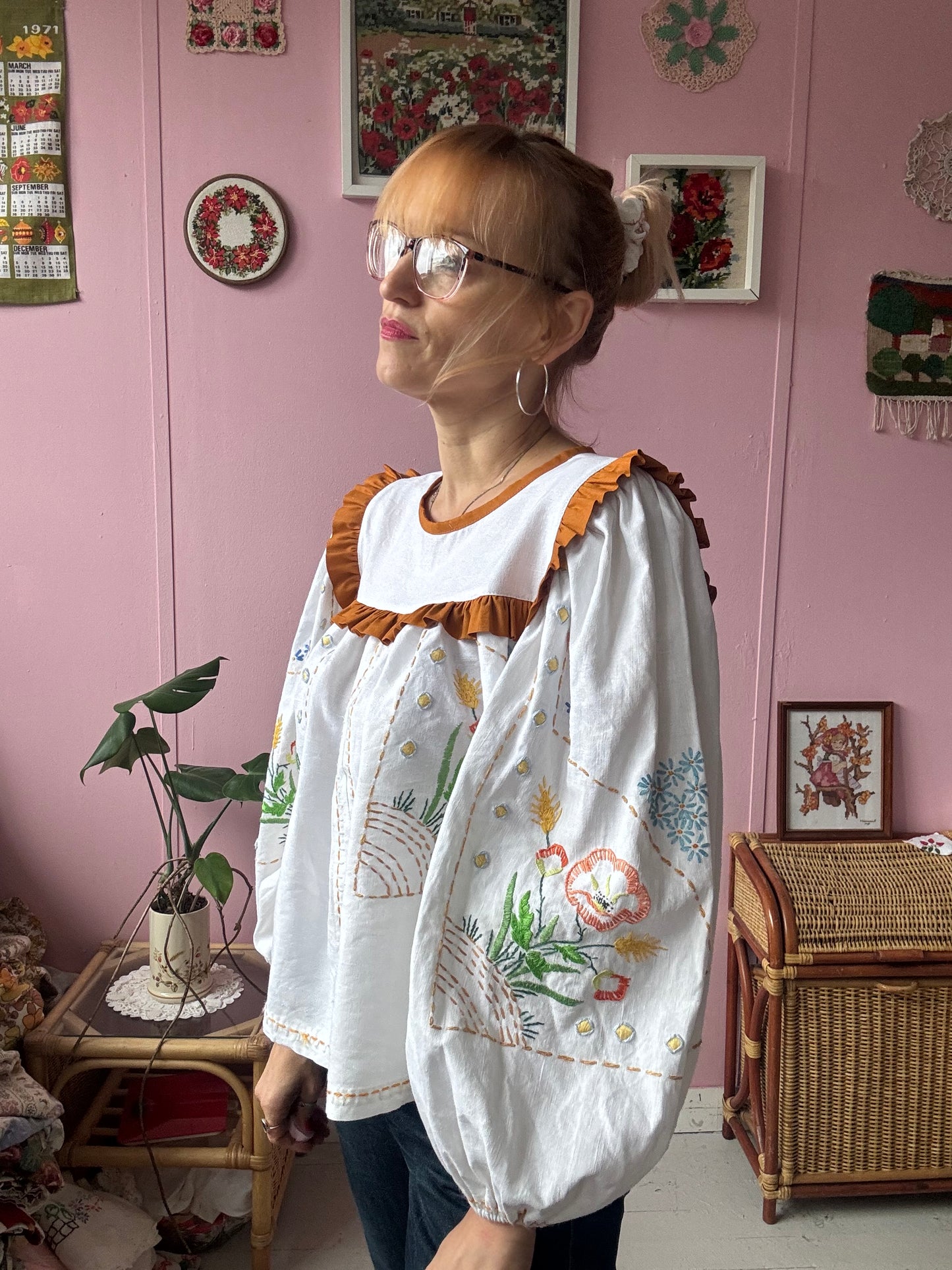 White linen blouse with hand embroidery