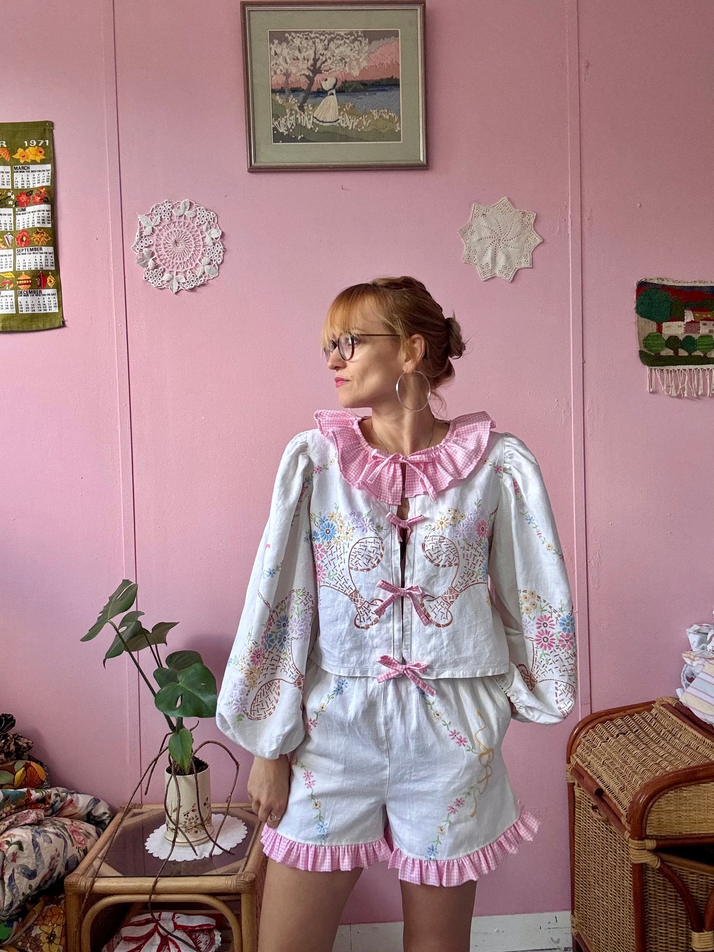 Embroidery and pink gingham shorts set