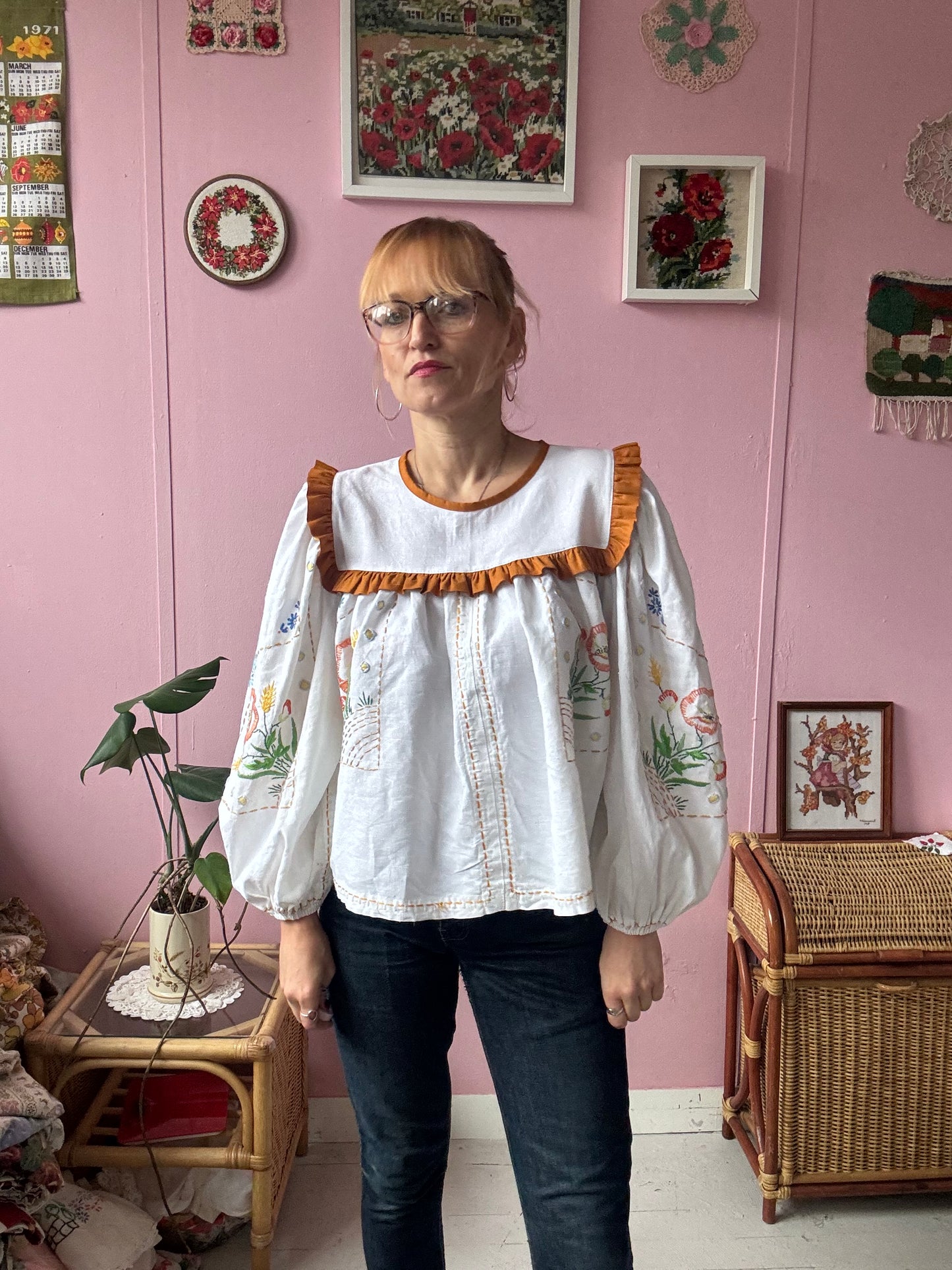 White linen blouse with hand embroidery