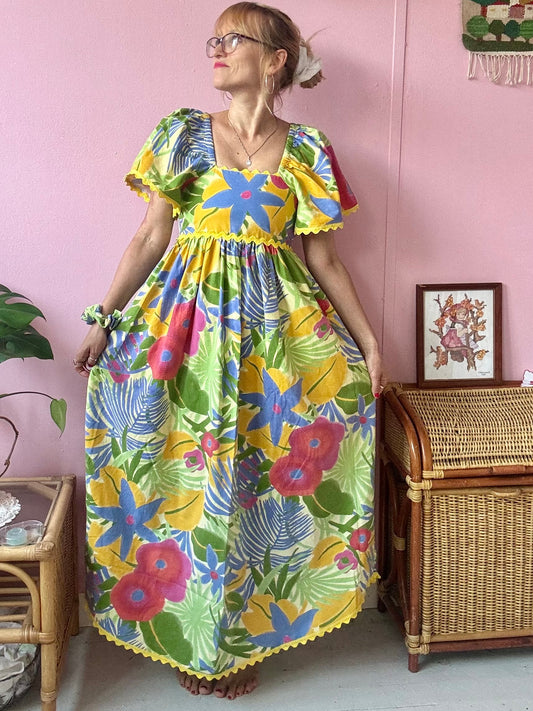 Bright floral print maxi dress with yellow ric rac