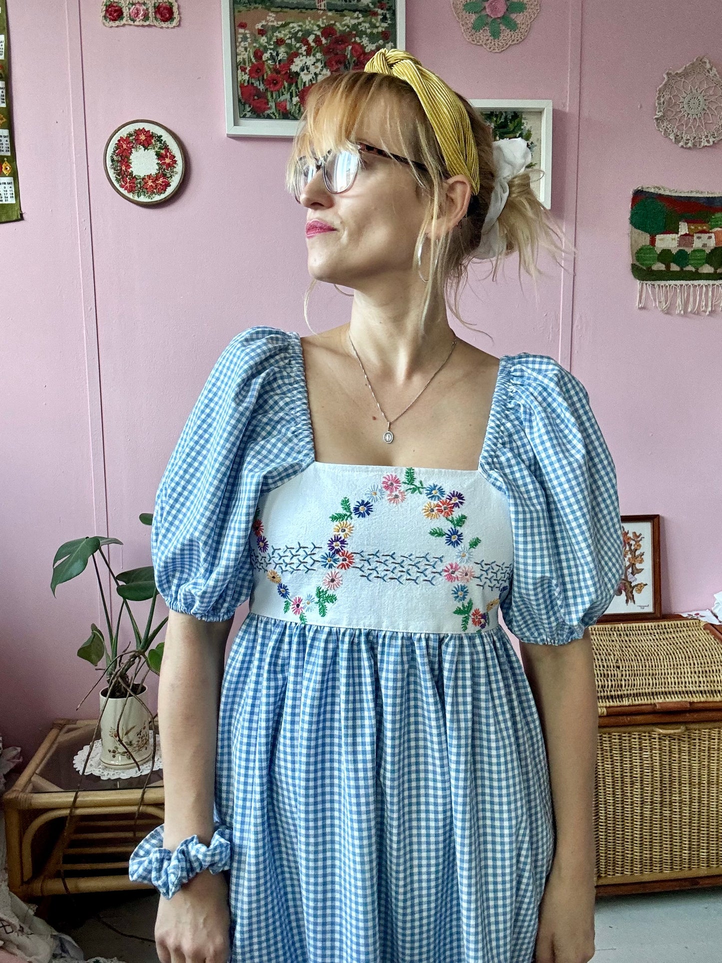 Blue gingham and floral embroidery dress