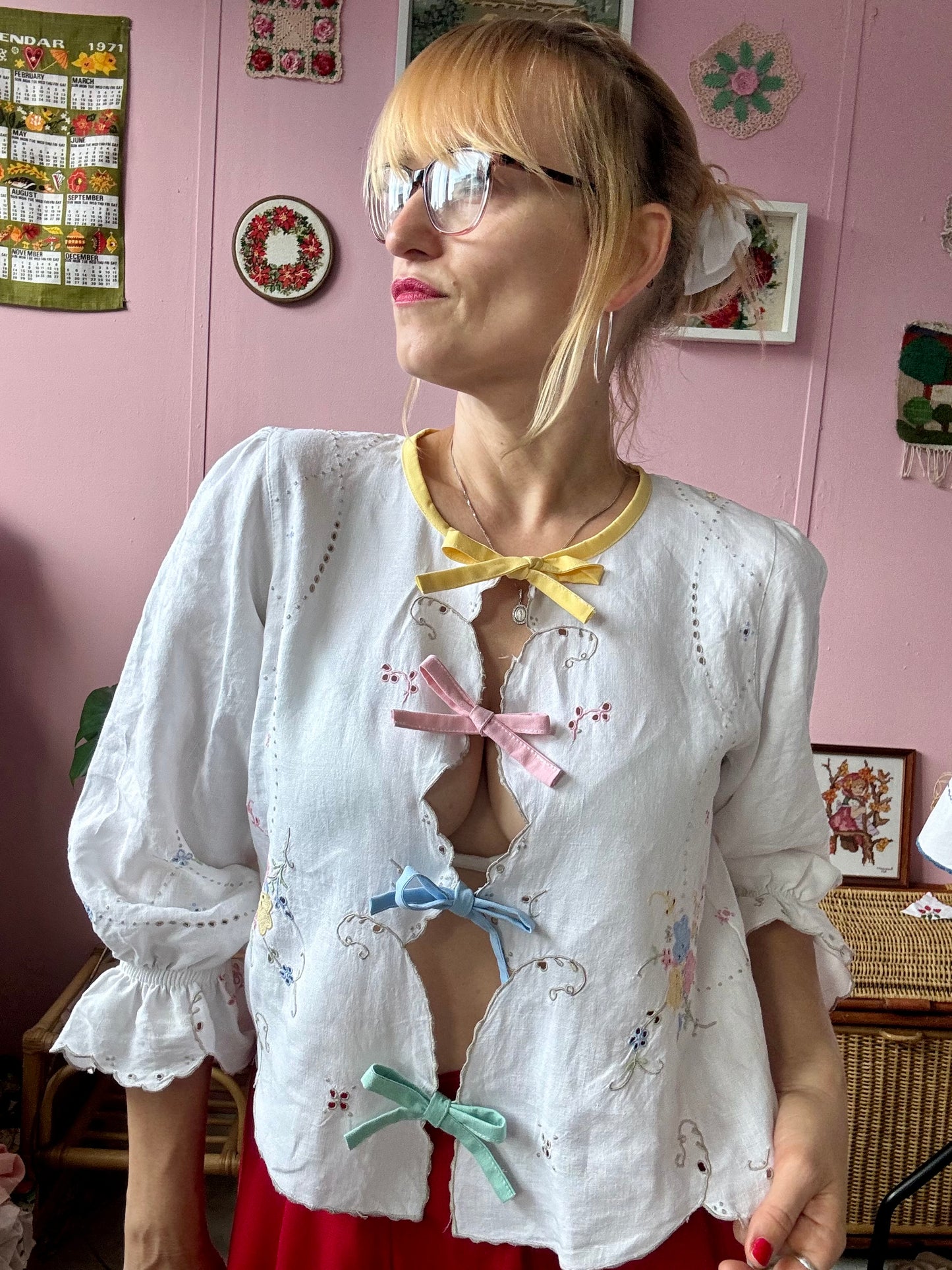 Light linen blouse with Madeira embroidery and rainbow bows