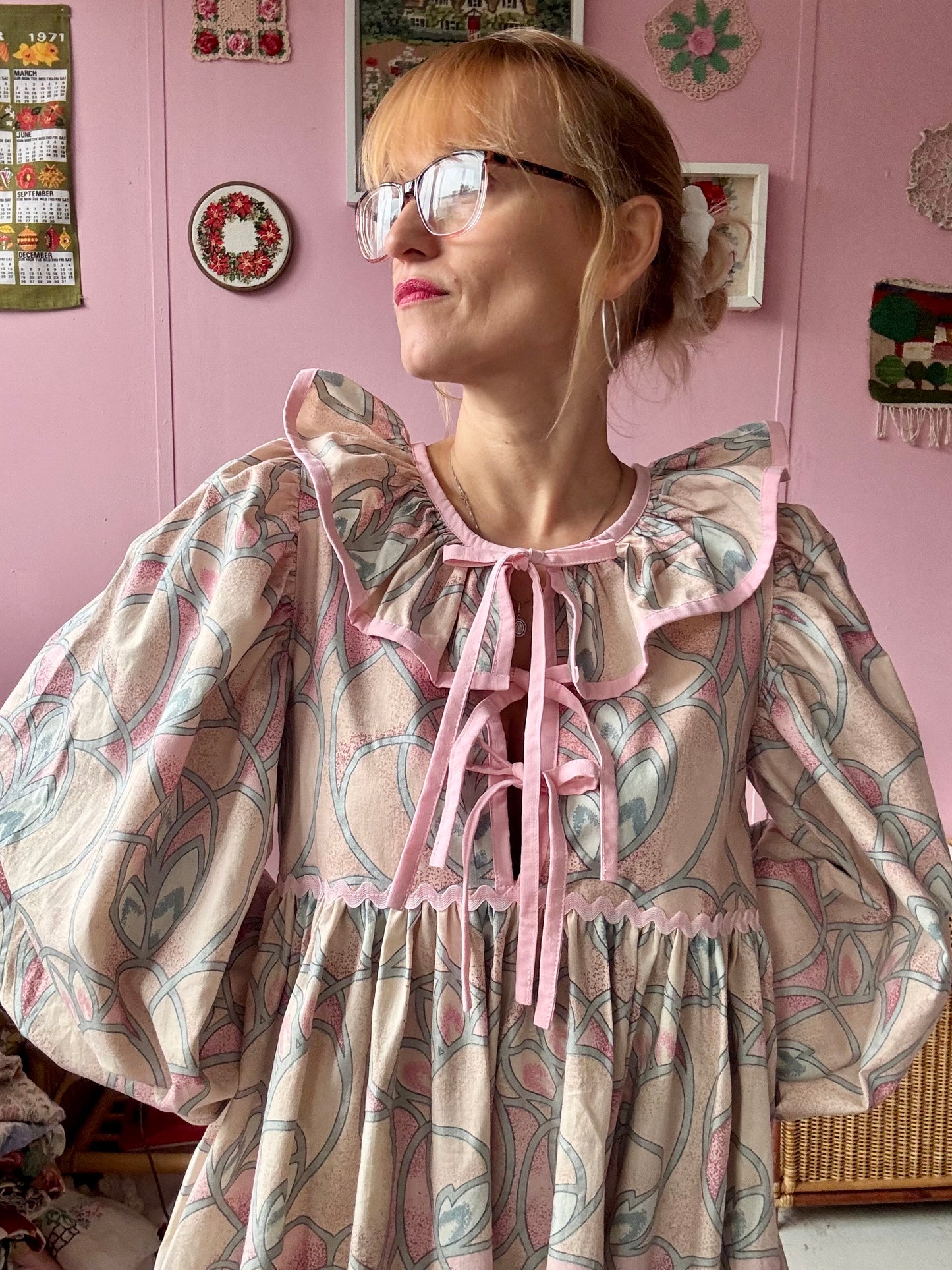 Peach/pink and silver maxi dress with long sleeves