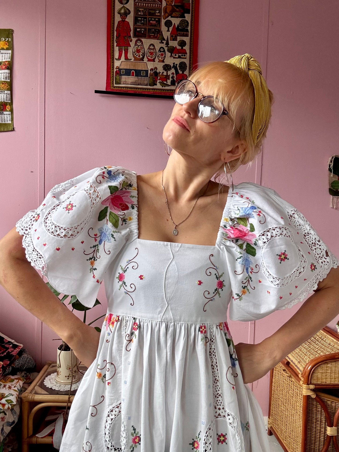 White maxi dress with appliqué,embroidery and lace panels