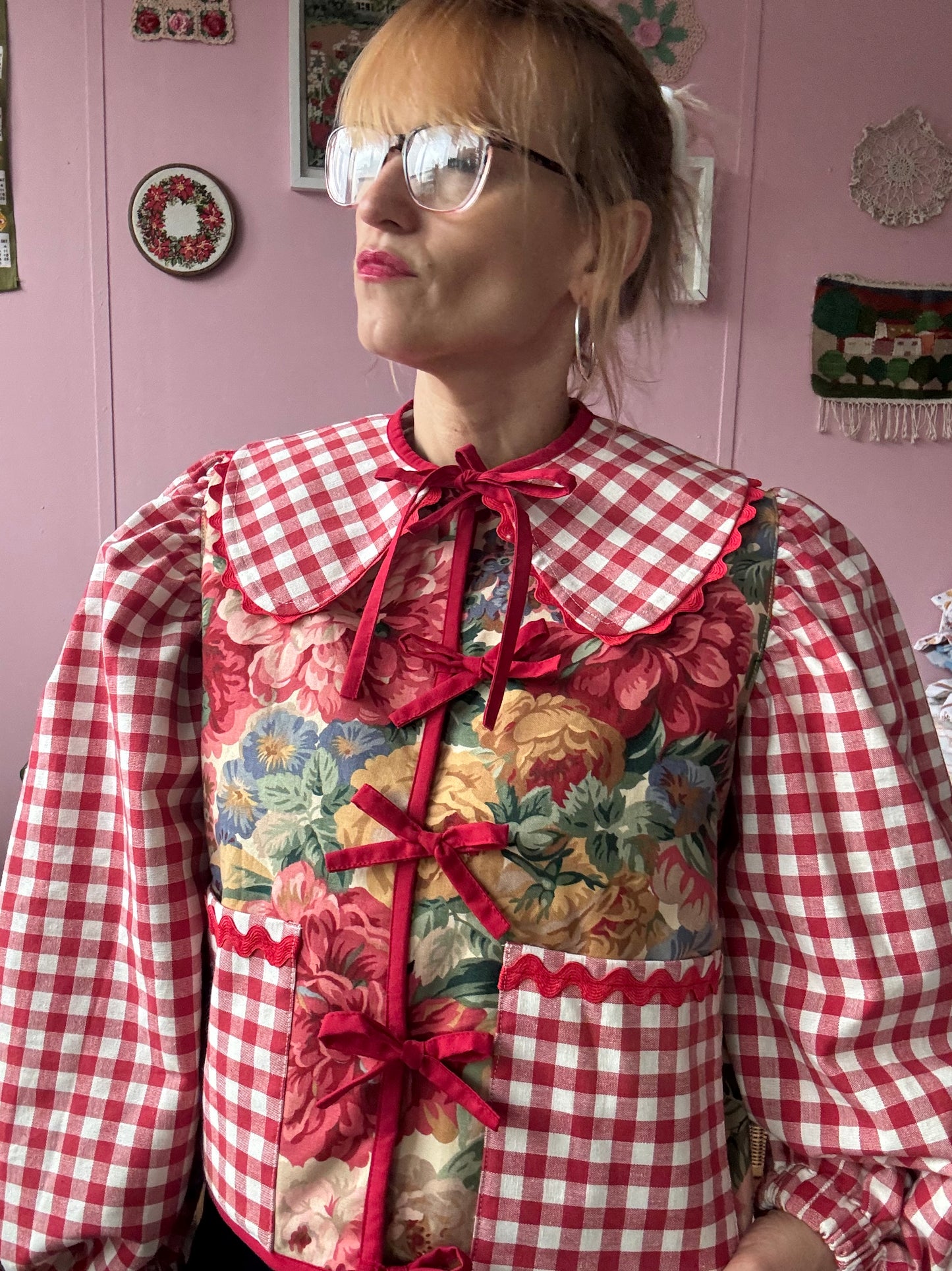 Floral and red gingham jacket