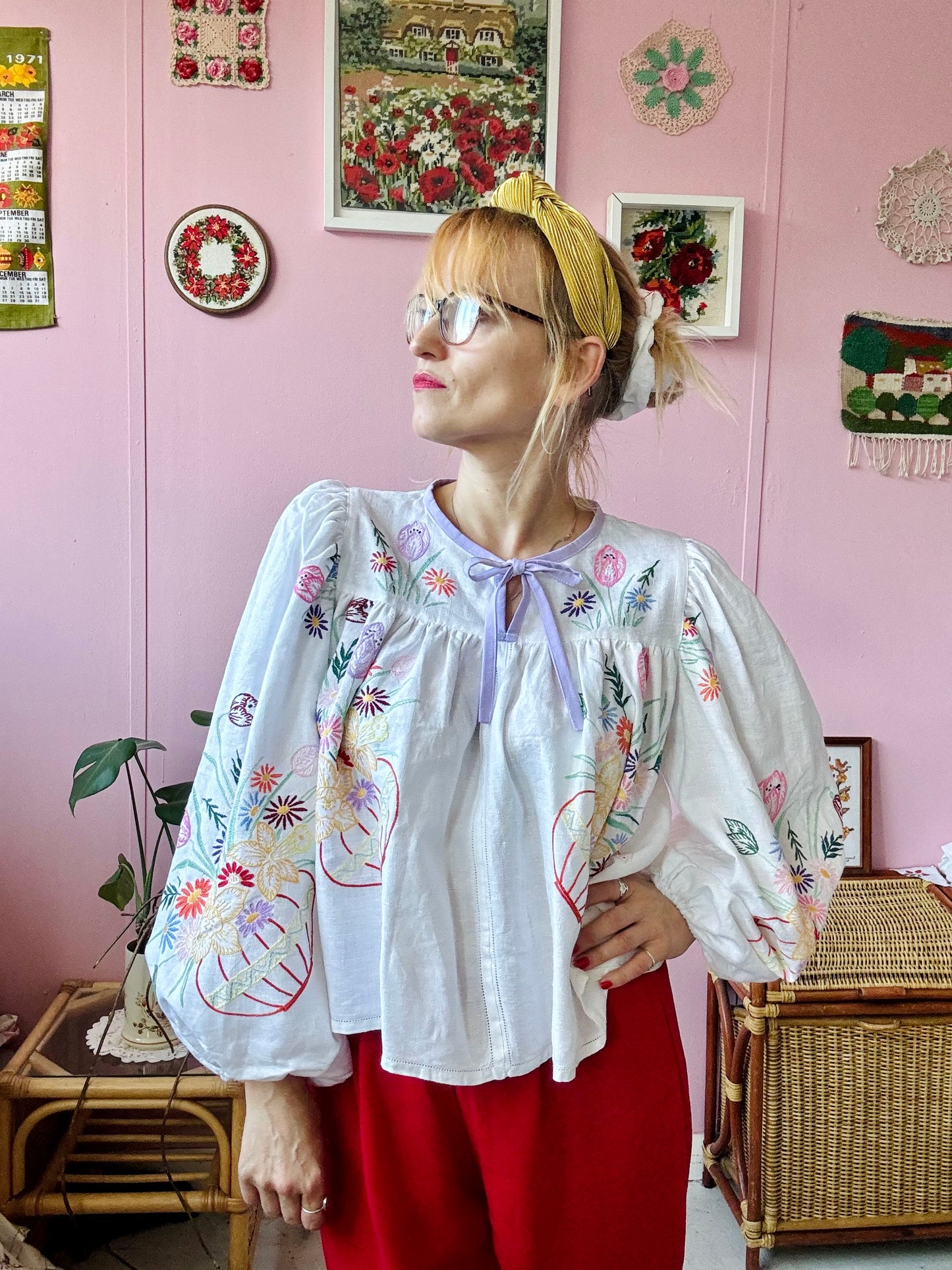 White linen blouse with baskets embroidery and lilac binding
