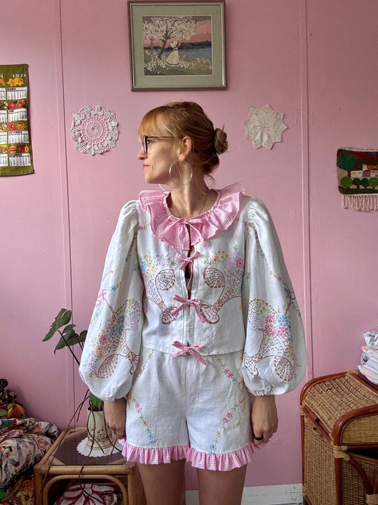 Embroidery and pink gingham shorts set