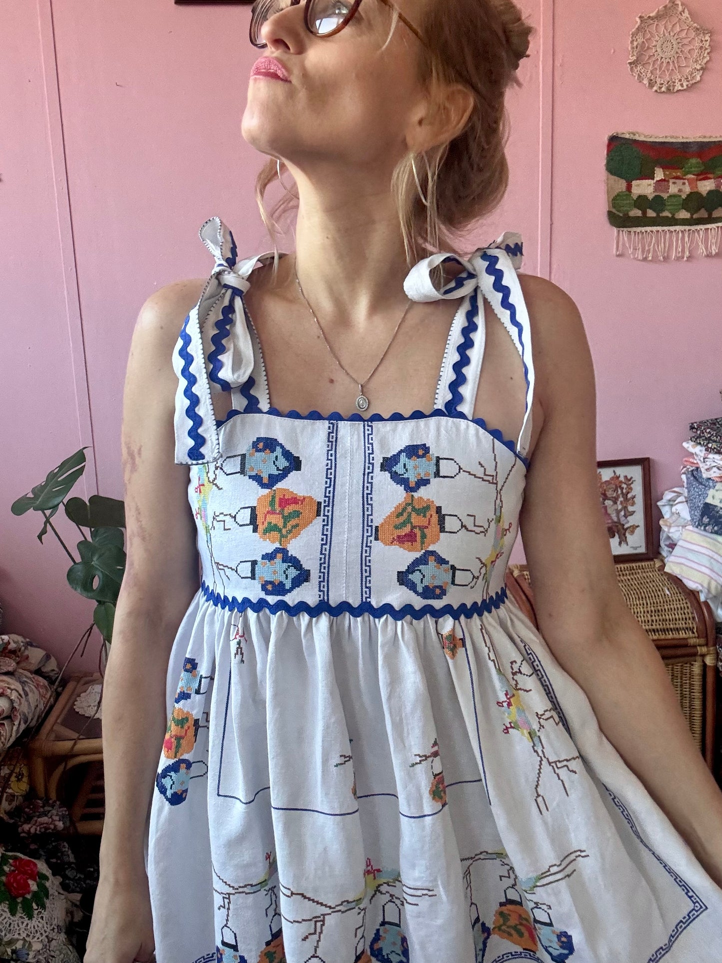 Linen mini dress with cross stitching