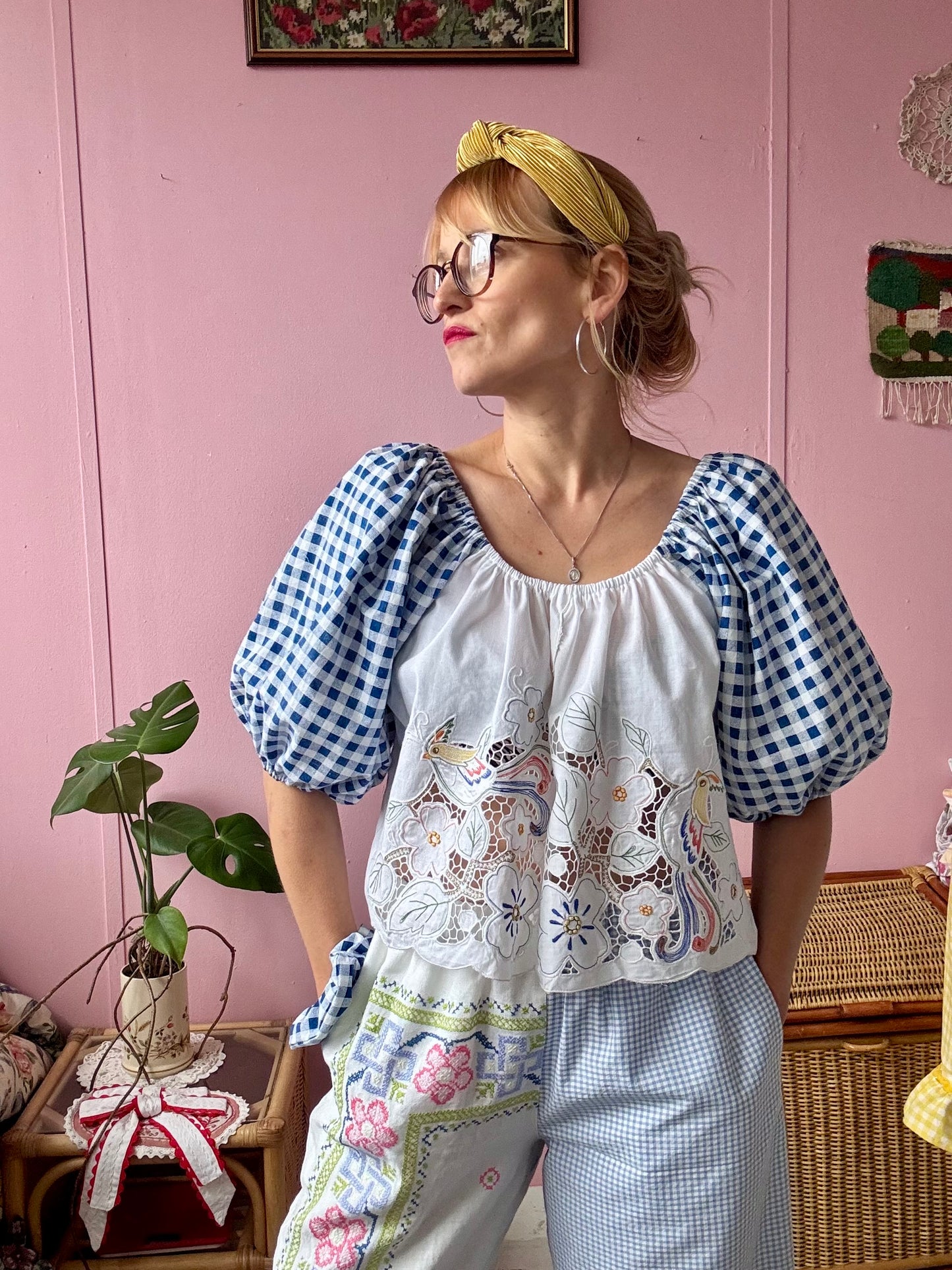 Blue gingham and birds/flowers top
