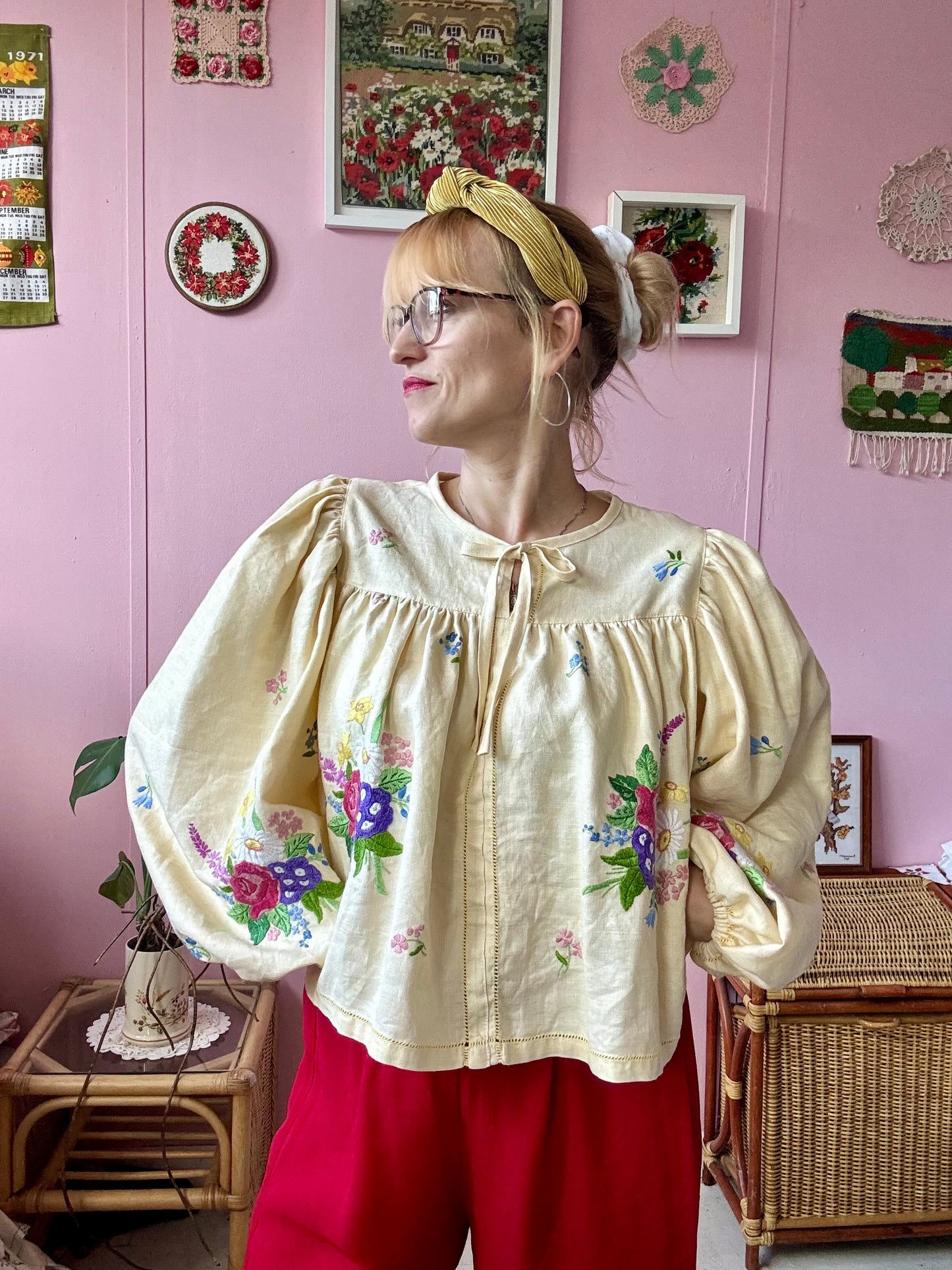 Yellow blouse with floral embroidery