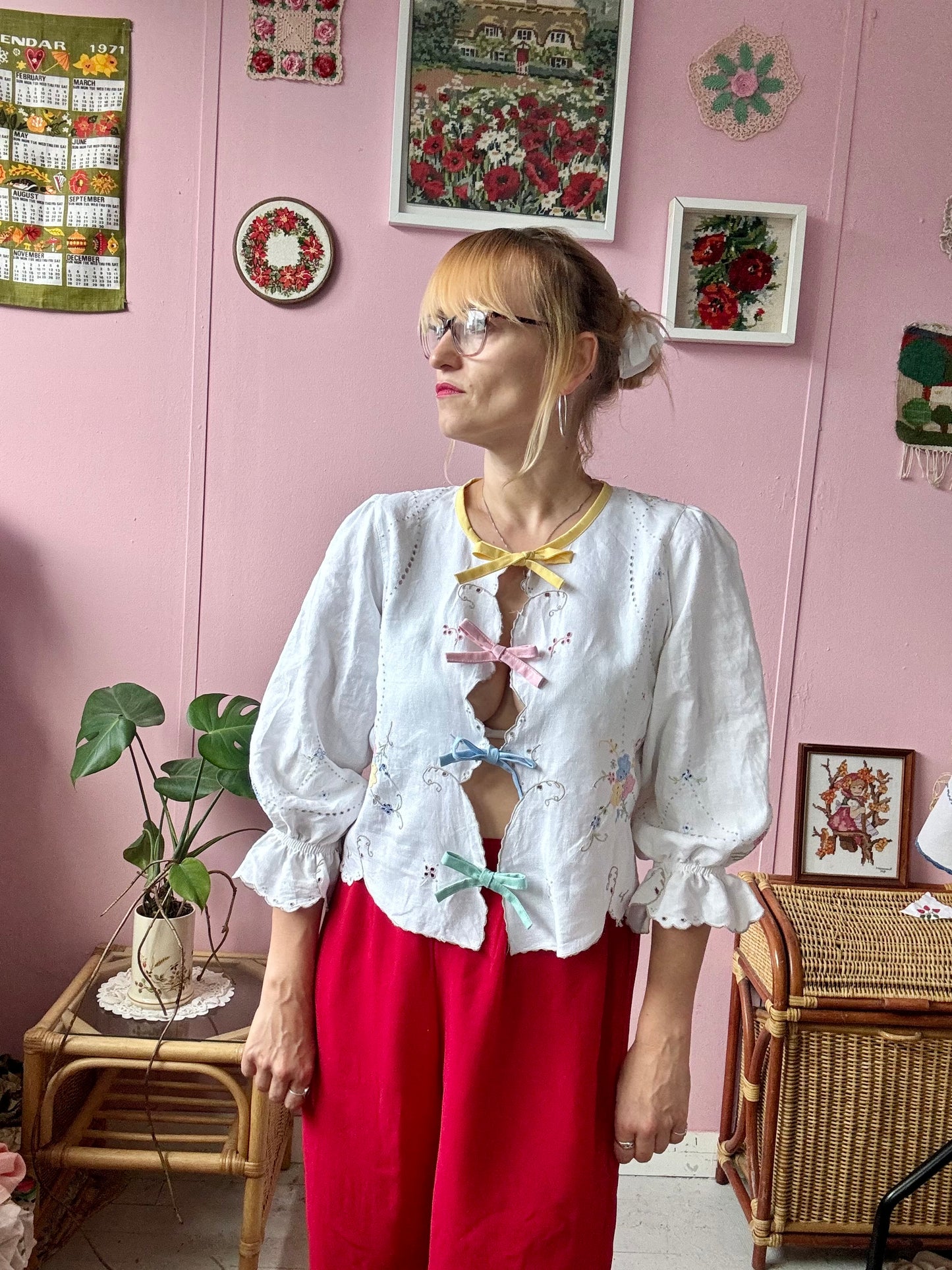 Light linen blouse with Madeira embroidery and rainbow bows