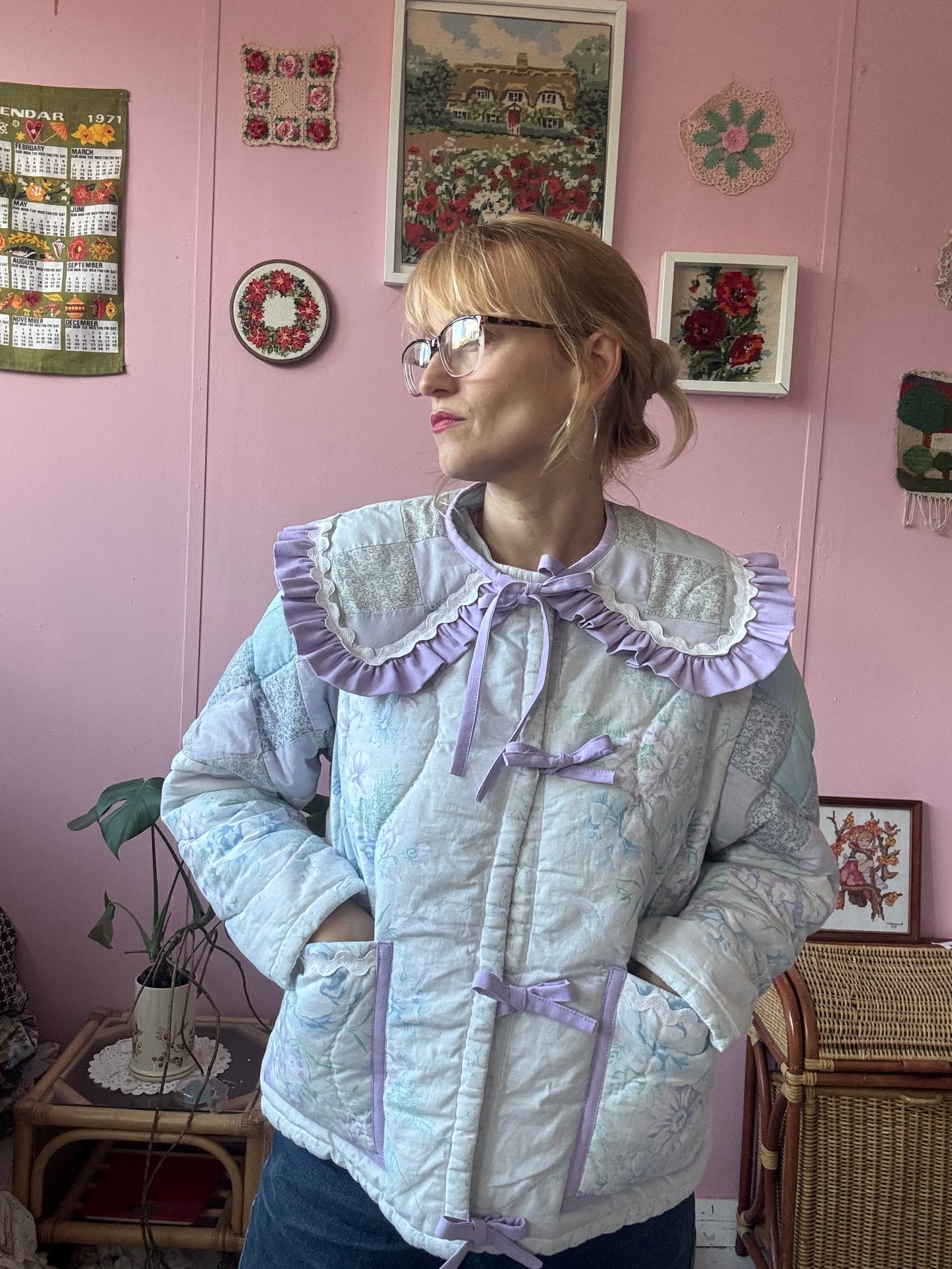 Light pastel patchwork jacket with lilac trims