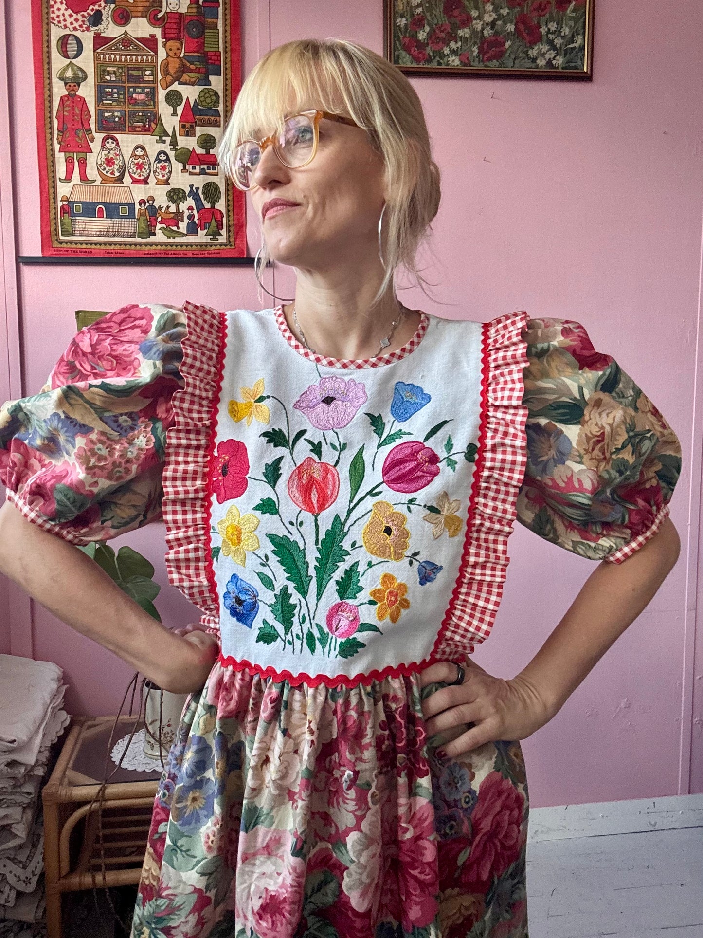 Sanderson print and gingham maxi dress