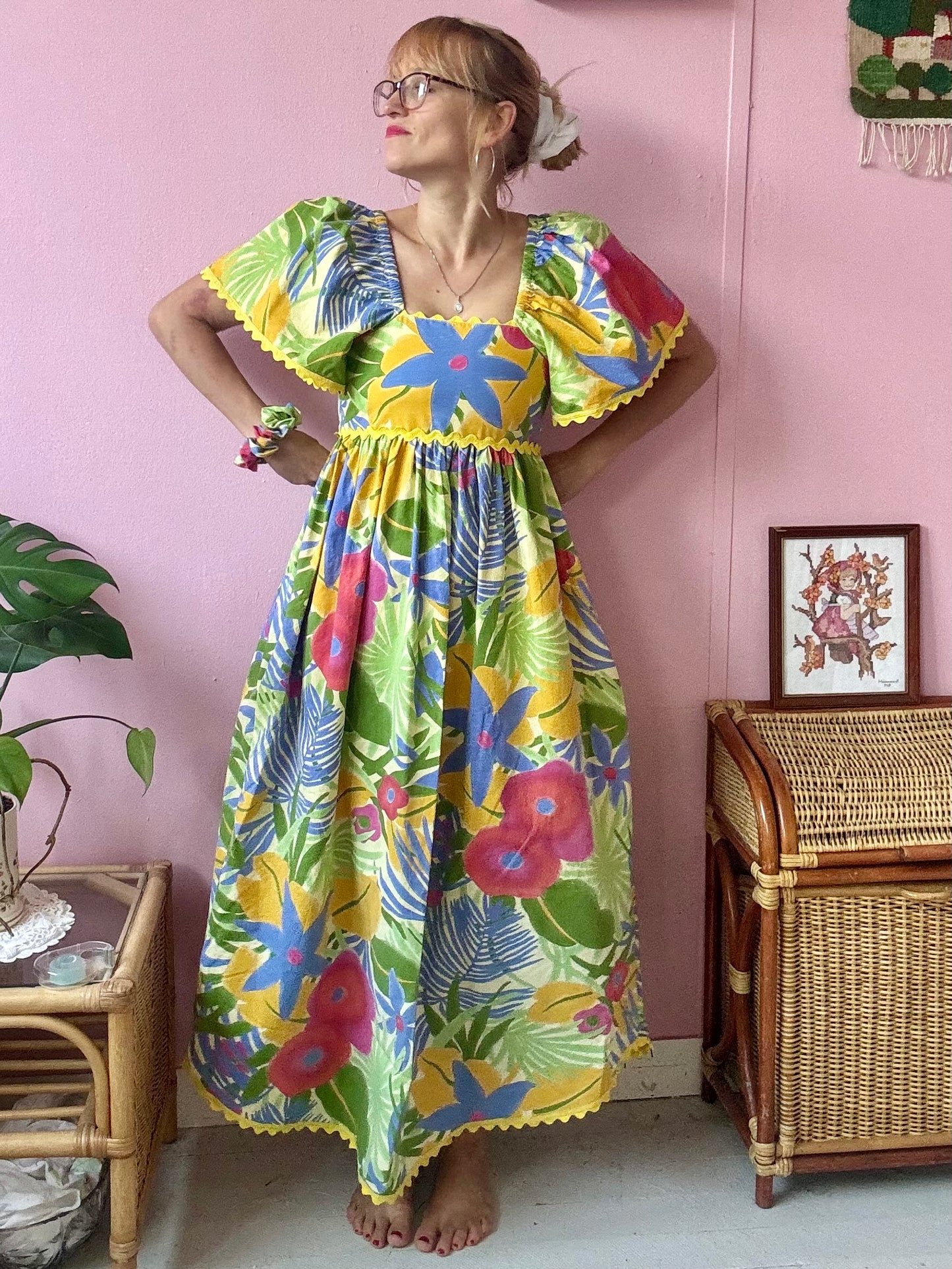 Bright floral print maxi dress with yellow ric rac