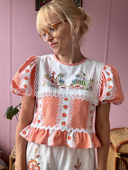 Orange gingham/floral blouse