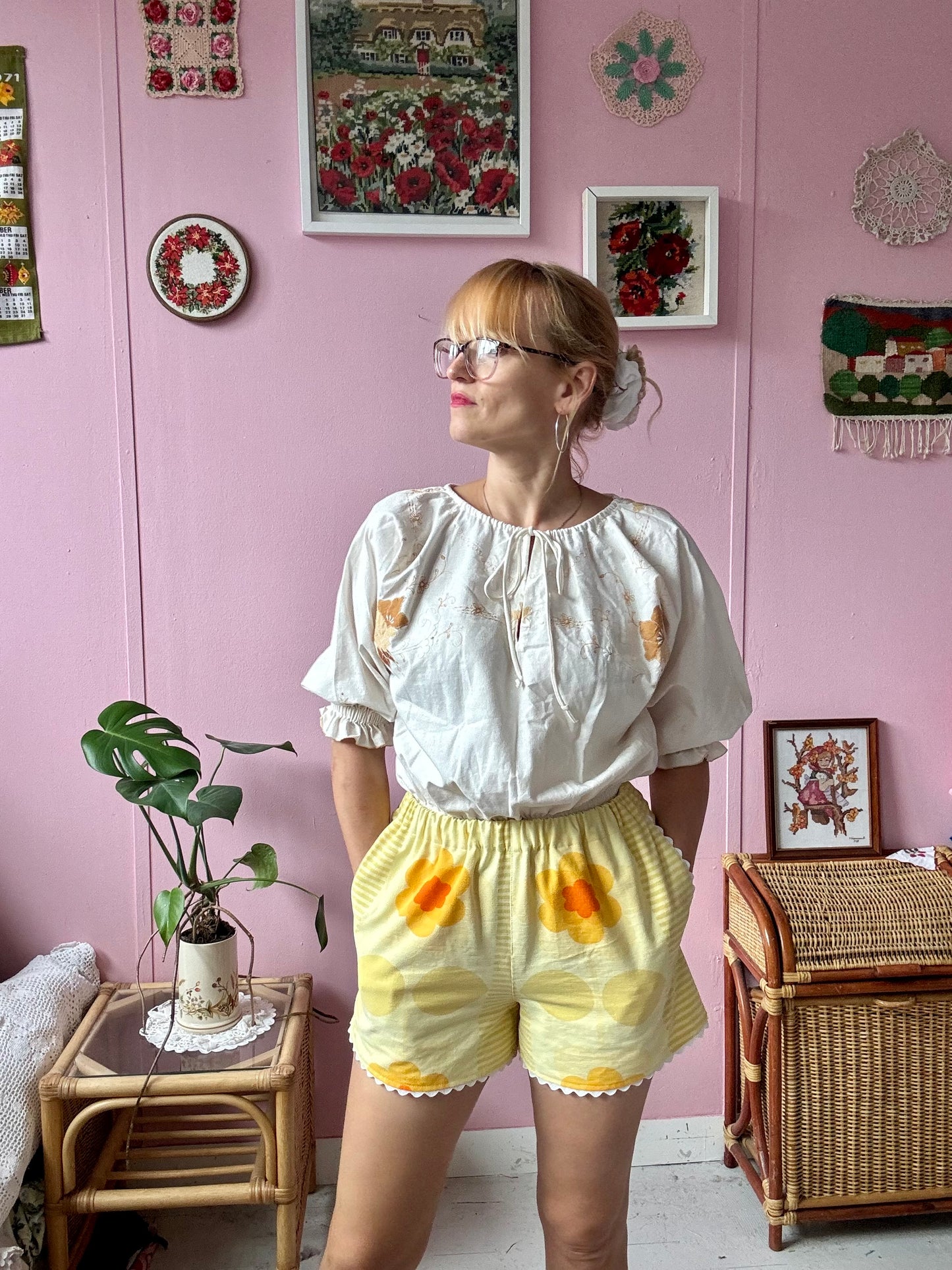 Yellow floral shorts with ric rac