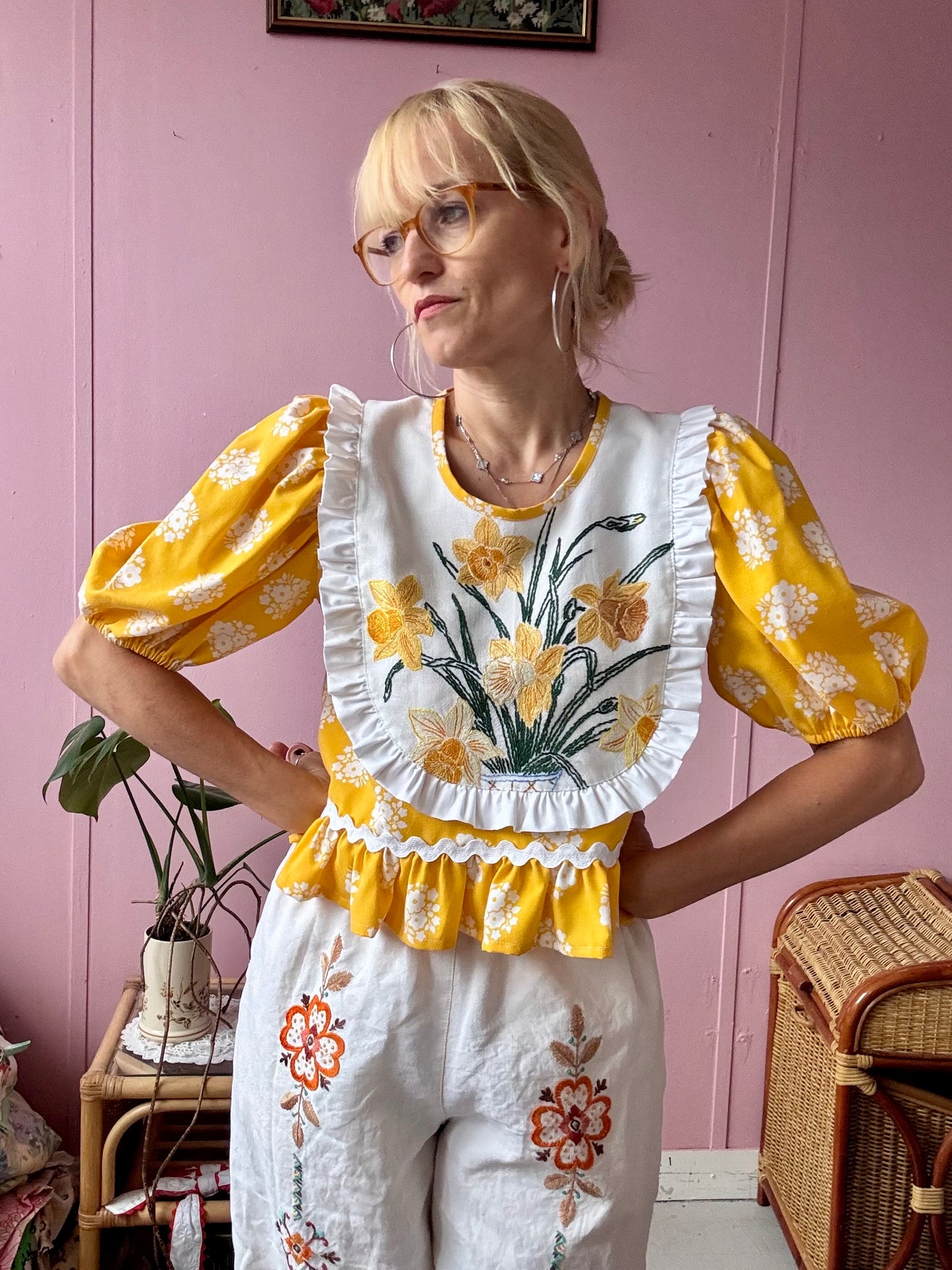Yellow floral blouse with frills