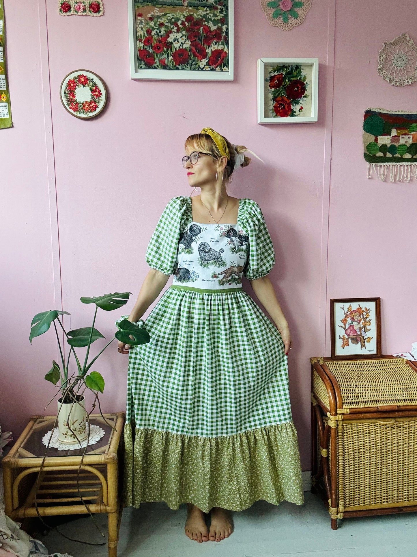 Teatowel with dogs and green gingham maxi dress