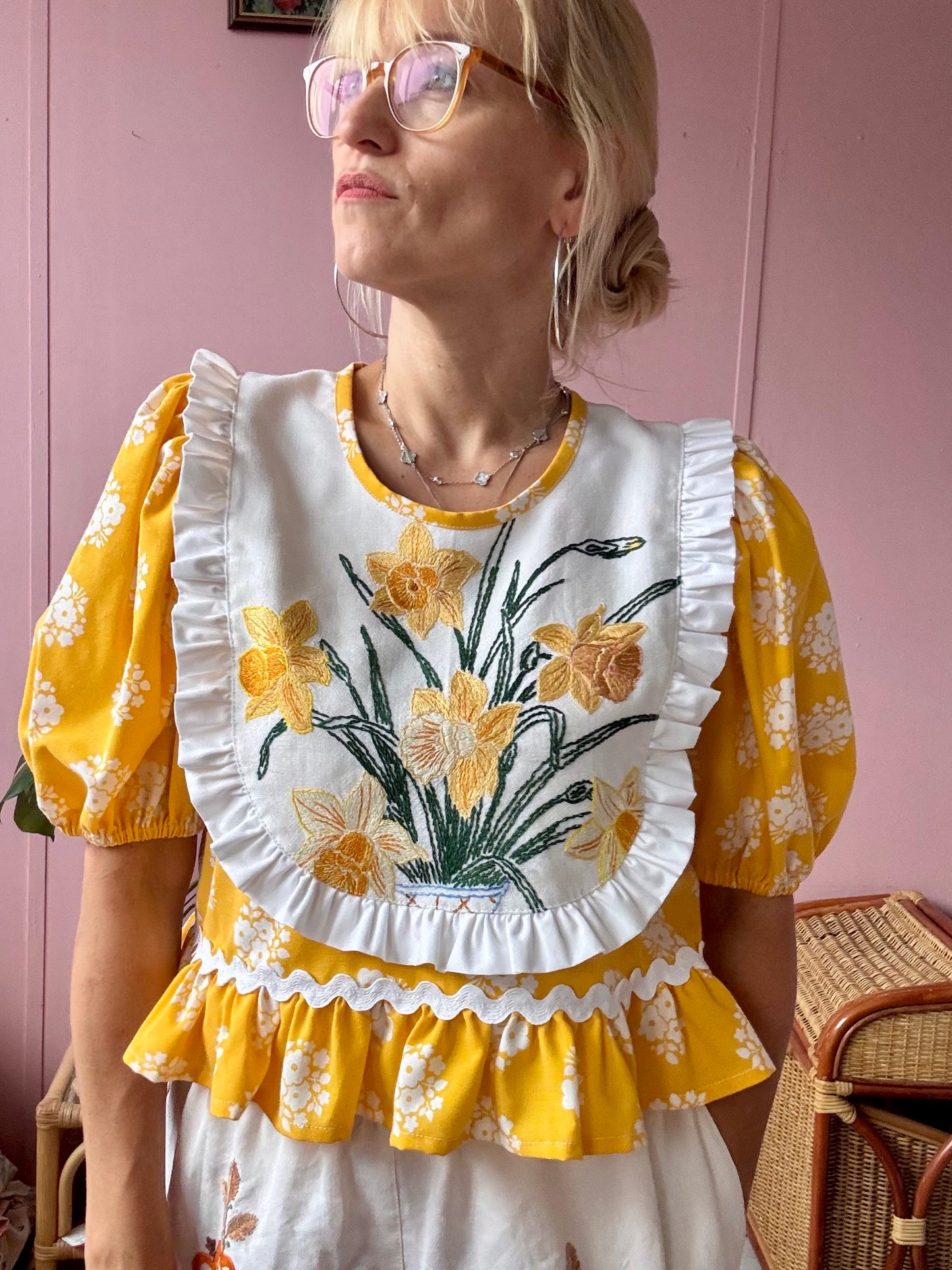 Yellow floral blouse with frills