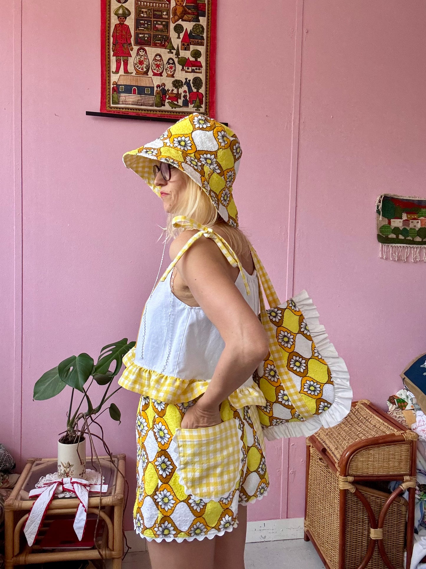 Yellow towel shorts set with bag and bucket hat