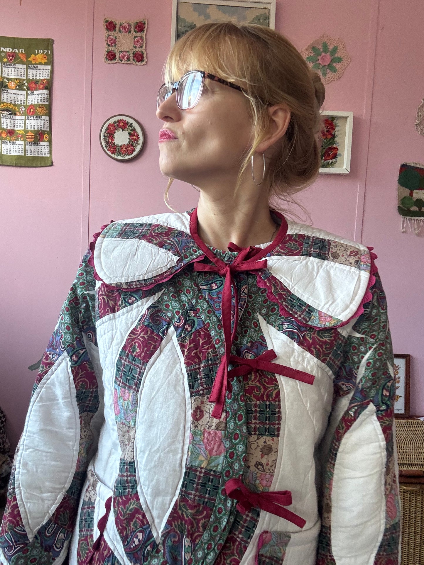 Patchwork jacket with burgundy ric rac and bows