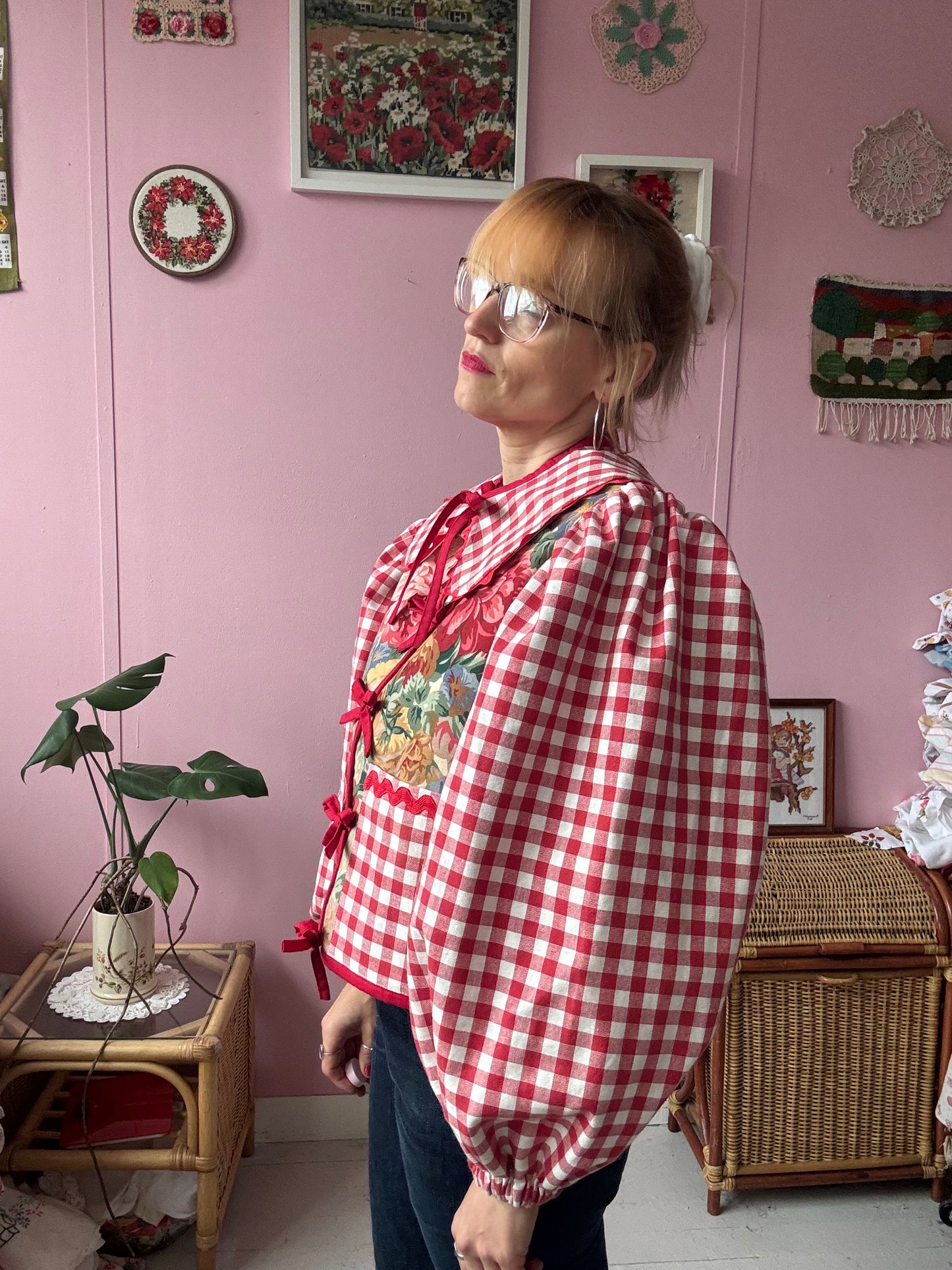 Floral and red gingham jacket